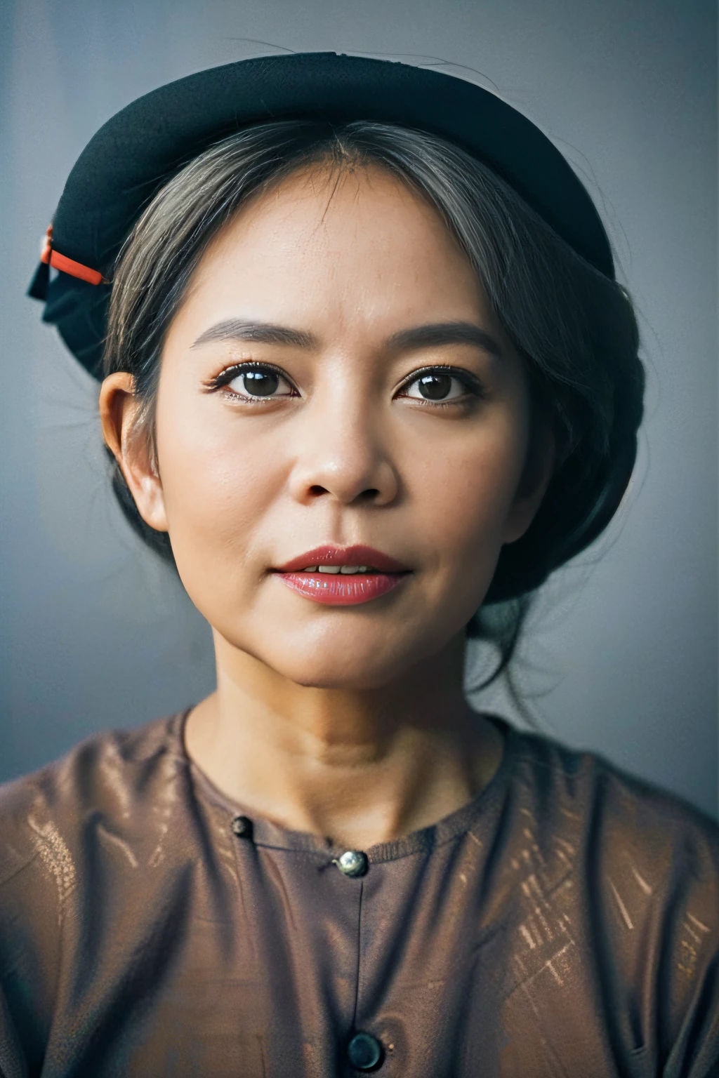 ((masterpiece), (best quality), (raw photo), (photorealistic:1.4), Highly realistic photo, Portrait of a 50 year old Vietnamese woman, ((brown shirt)), ((gray hair)), The light from above shines down, (dark blue background), photo taken in 1975 by Fujifilm XT3