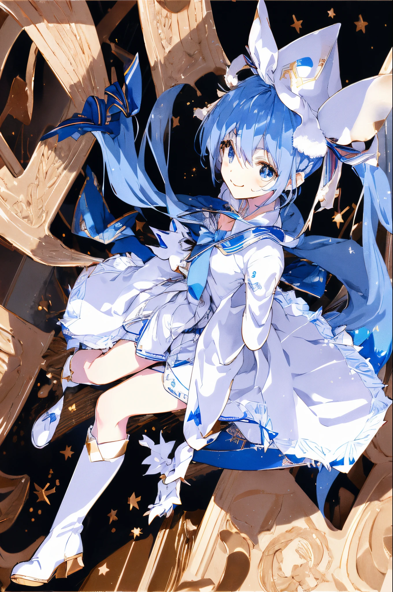 masutepiece, Best Quality,pixiv,
1girl in, roman numeral, Long hair, Yuki Miku, Smile, Solo, Blue hair, Twin-tailed, Very long hair, Hatsune Miku, Blue eyes, Dress, Bow, Looking at Viewer, Capelet, hat, beret, White cap, Fur trim, clock, Hair Ornament, long boots, blue bow, From above, white capelet, Full body, white footwear, Sitting, Hair Bow, constellation, White Dress, Blue Gloves, Long sleeves, Snowflake print, Boken, blush, gold trim, Bangs, bowtie, Closed mouth, tabard, Fur-trimmed boots, fur-trimmed capelet, gloves
