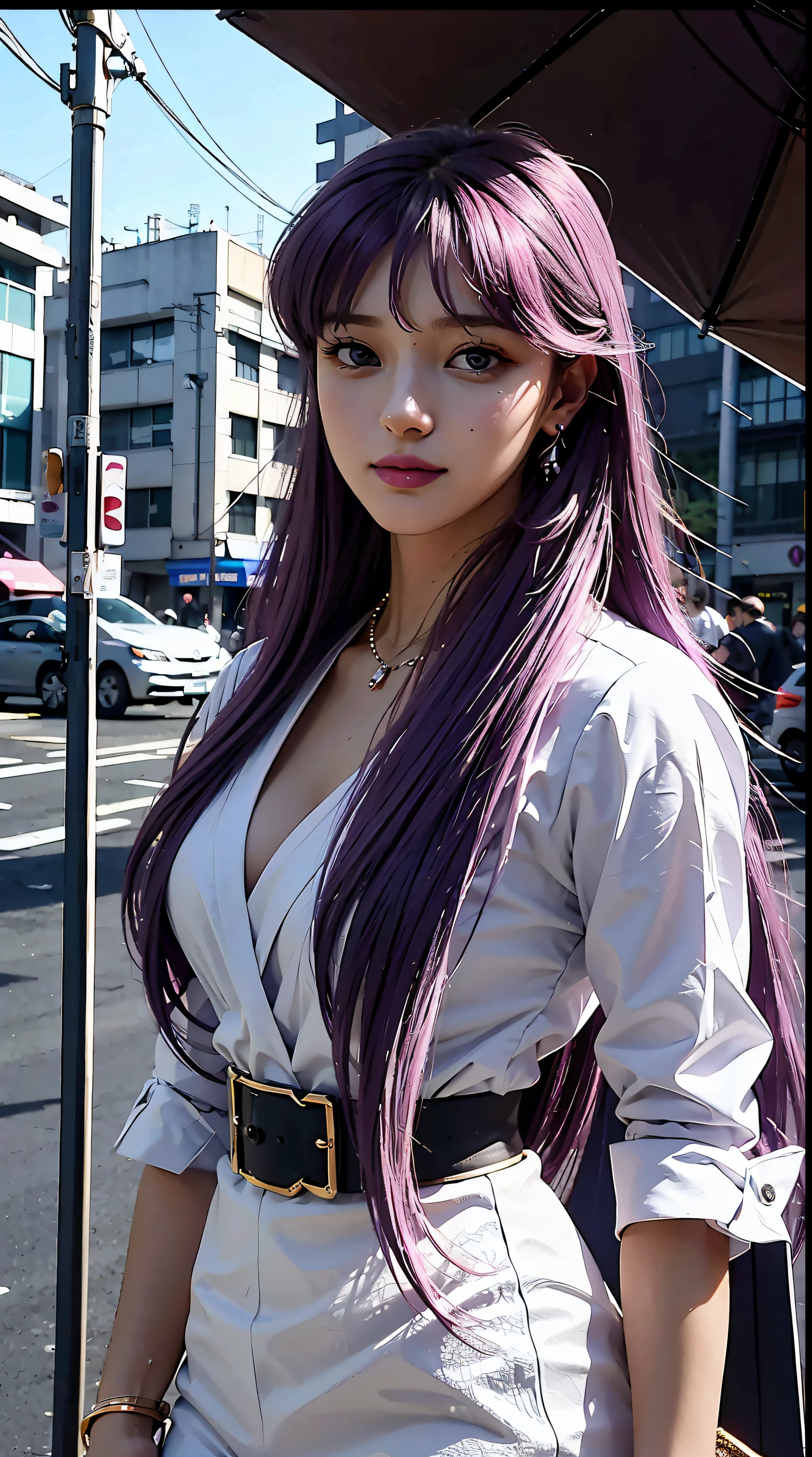 Kido_Saori, saori_accessories, staff_Nikke, purple hair, long hair, beautiful, beautiful woman, perfect body, perfect breasts, wearing a white formal shirt, black blazer, trousers, handbag, wearing a watch, wearing earrings, in public, creature in tokyo city, being on the street, looking at the viewer, a slight smile, realism, masterpiece, textured skin, super detailed, high detail, high quality, best quality, 1080p, 16k