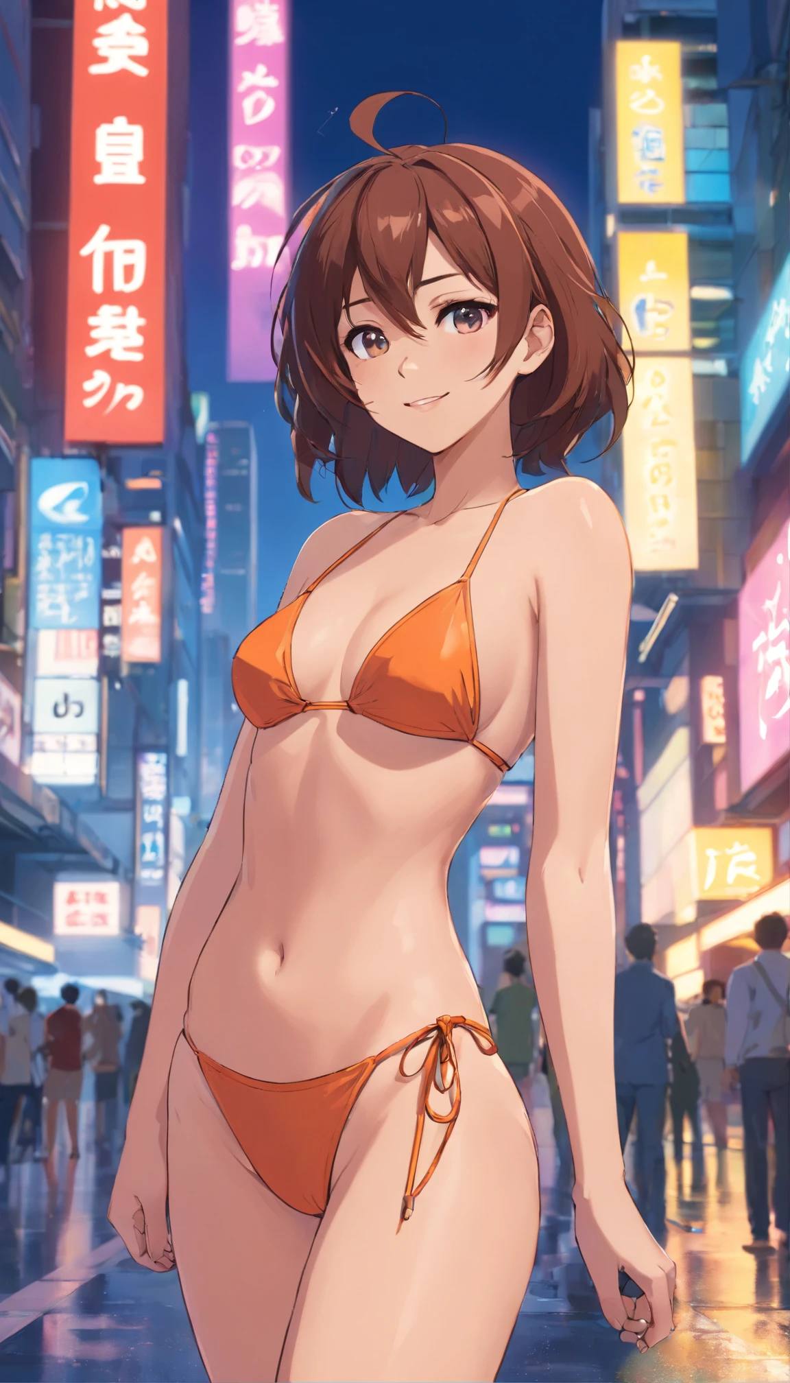 Android games for iOS or Android, Tristan Eton's style, Cyberpunk dystopia, Meticulous portrait, Anthony Gormley, 8k 3d, Alex Maleev, "(Best quality at best, A high resolution:1.2), ultra - detailed, (actual, realisticlying:1.37)Nice profile, Girl with dark brown curly hair blowing in the wind, neon city neon tube, sexy bikini outfit, Director Shinkai Makoto, Smiling slightly, ,Hats , High freshness, vivd colour, Studio lighting, Fan models only"No signage、Hair Fluttering in the Wind、Let the upper body be reflected、Touching your chin、natta、Skyscrapers line up behind.,Beautiful profile