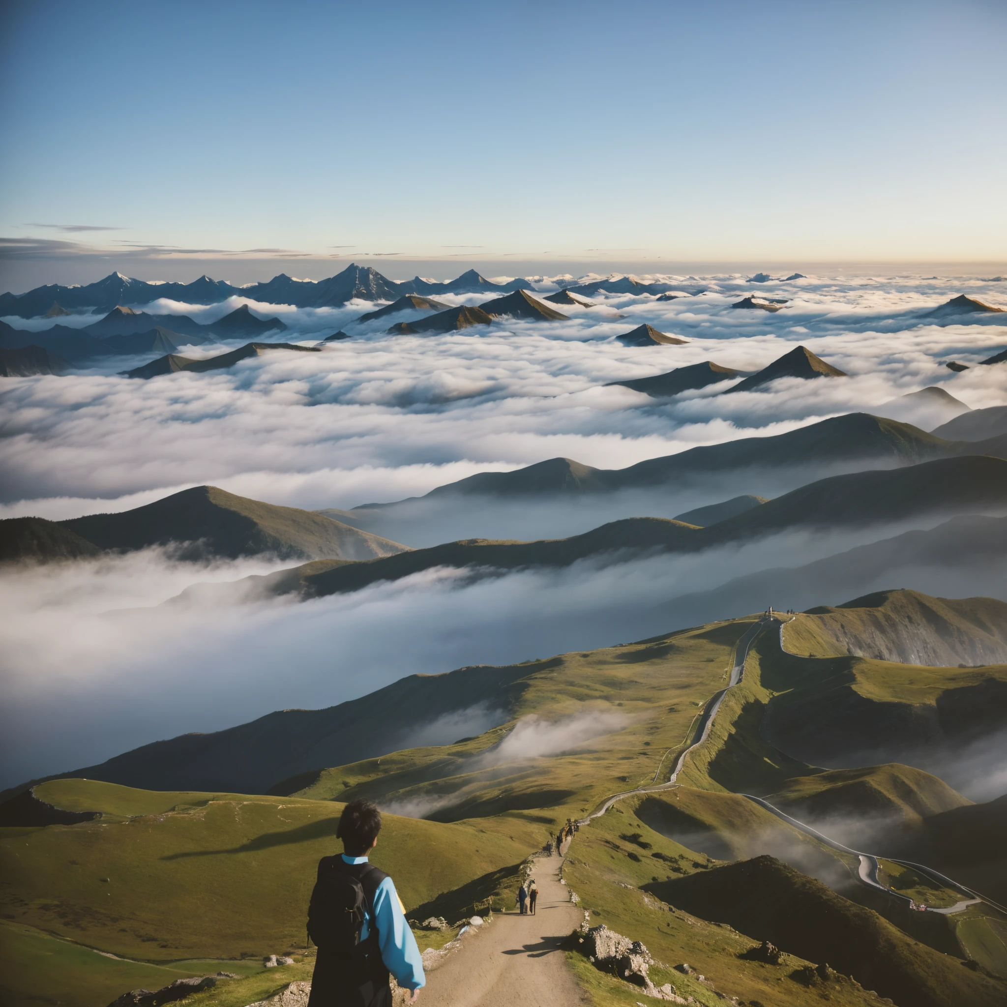 There are many people on the top of the mountain with a view of the valley below, heaven in the top, Still from a nature documentary, Walking on the clouds and mist, amazing scenery, mountain scene. cinematic Film still from, Japan Mountain, 8K. View&#39;s padding, Stunning scenery in the background, (thin fog), Suffocating, Still from nature documentaries, landscape photography 4k
