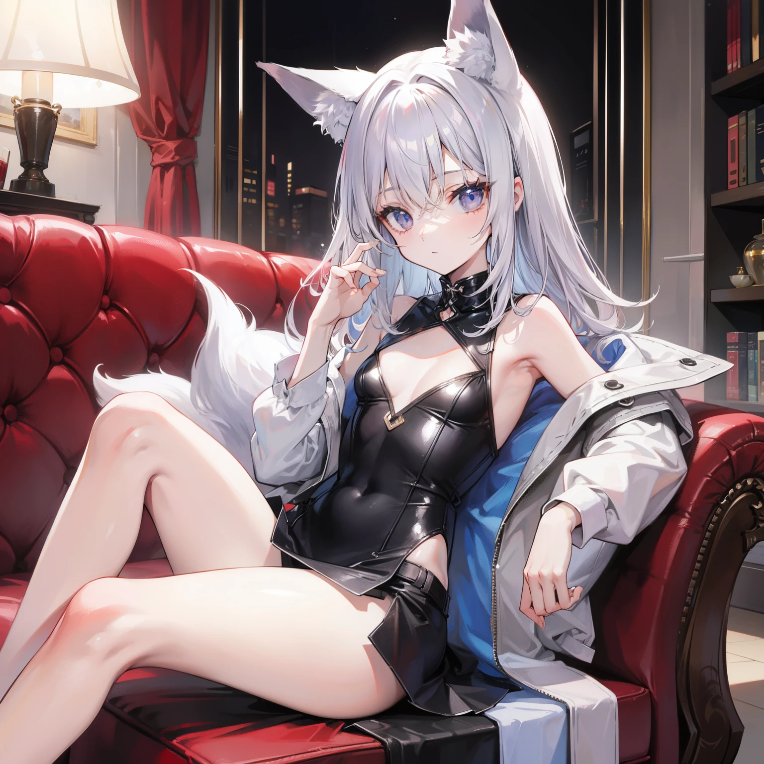  girl，silber hair，sofas，fox ear，