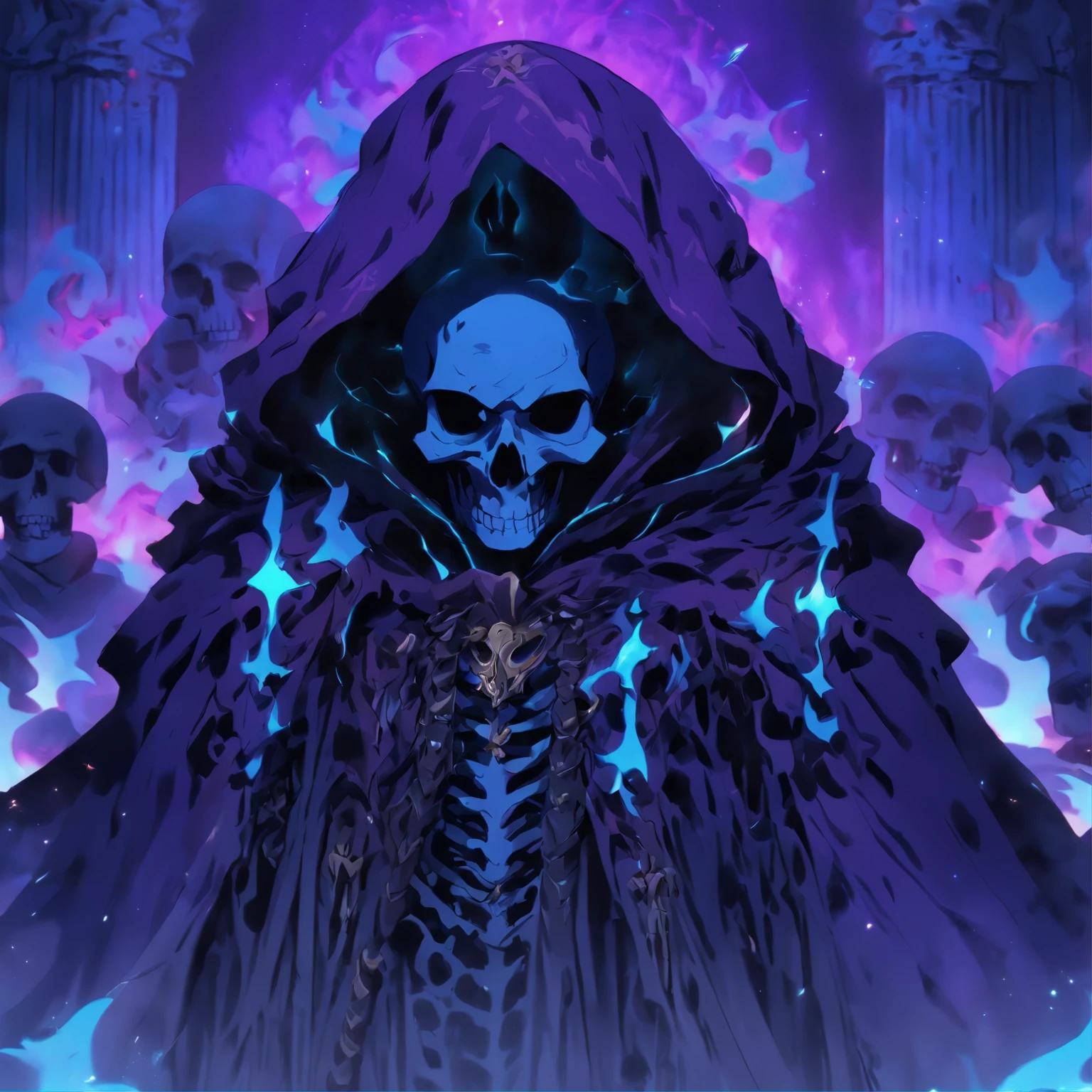 undead necromancer king , bone crown, evil grin, sitting on throne of skeletons and skulls, surrounded by dark purple evil magic, glowing purple eyes, evil grin.