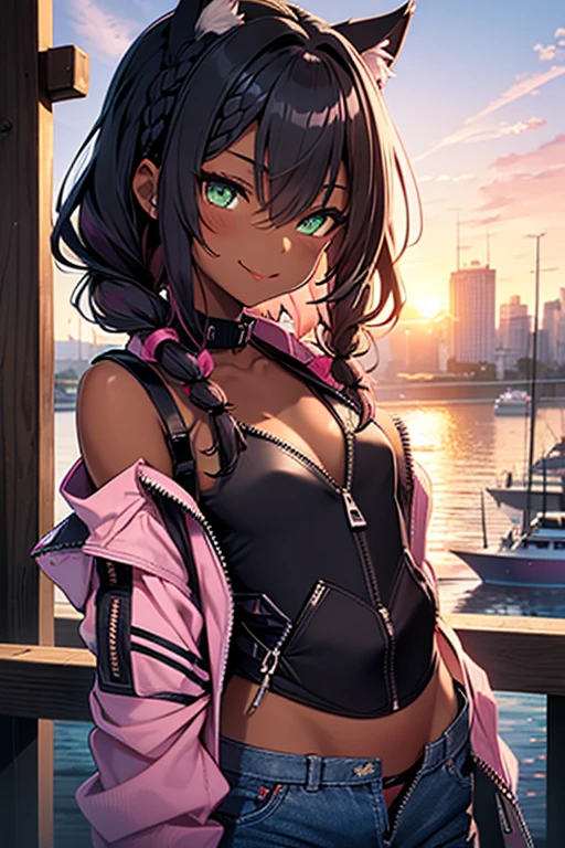 nsfw、masterpiece、best quality、super detailed skin、1catgirl、jadegreen eyes、skin/(dark skin)、horse ears、horse tail、hair/(braided side pigtails)、flipped hair、midnight black hair、wide cleavage、small torn bikini-top、small lace crop-top、torn hotpants、(((uncovered arms)))、upper arms/(leather ribbons)、wrists/(bracelets)、background/(sunset city-harbor)