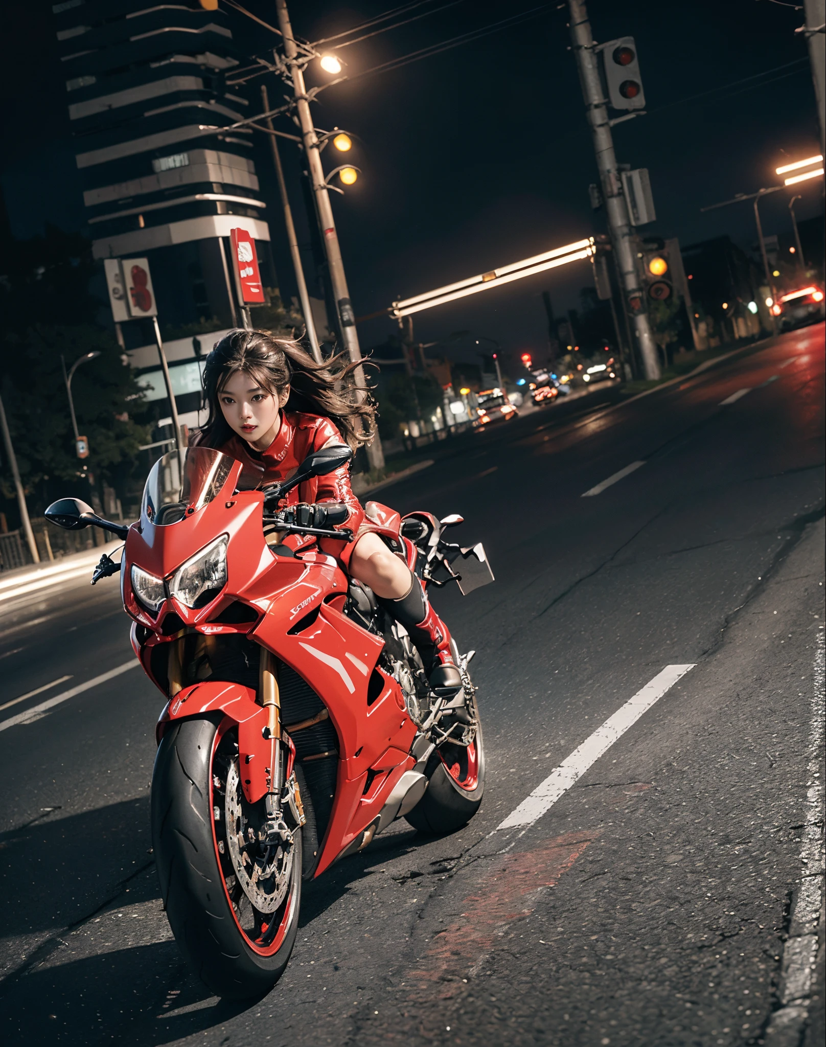 hight resolution、high-level image quality、in 8K、Real live-action、Raw photography、top-quality、masterpiece、masutepiece、(Soft Saturation:1)、(depth of fields:1.2)、(Ray traching:1.2)、headlight、Blue glow、Shot diagonally from above、Sense of speed、((during night)), city night scene、The background is a beautiful neon cyberpunk Tokyo、city night scene、Neon light、blue light from headlights、Dynamic Poses、Dynamic camera angles、heavy wind、Big red motorcycle speeding through the city at night、((Run leaving a trail of light:1.2))、Young woman in red dress sitting on a big red motorcycle, Beautiful face、Beautiful face、(Red dress:1.2)、(Red short skirt:1.3)、white knee highs、(Red boots:1.2、Draw the toes:1.2)、perfect hand、perfect foot、perfect ankles、Perfect toes、Perfect toes、Perfect Heel:1.3、((Grasp the controller with both hands:1.2))、Slouched、put one'Upper body, Lower body:1.2、Sitting on the Ducati Panigale V4,Riding the Ducati Panigale V4, Sci-fi style bikes, Sci-fi style bikes, Ducati Panigale V4 Motorcycle Rider, How to ride the Ducati Panigale V4, (Draw left and right rearview mirrors:1.3)、(headlights shine blue:1.2)、picture of a female biker, motorbike,Motorcycle displacement: Ducati Panigale V4 Details、motion-blur、(white smoke from tires:1.1)、