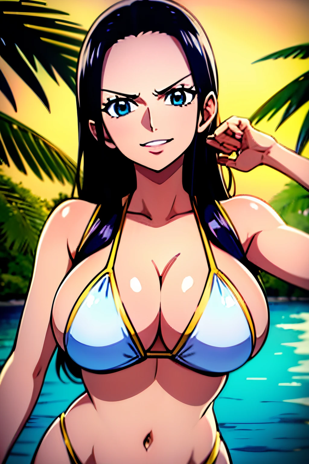 Nico Robin de One Piece luce un ajustado bikini verde, Dynamic posture, cara feliz, en un yate, sexy,,piel blanca brillante, exciting situation, ojos azules, ojos de alta calidad, labios rojos hinchados, Labios de alta calidad, grande, tetas grandes, Show of, La mejor calidad.