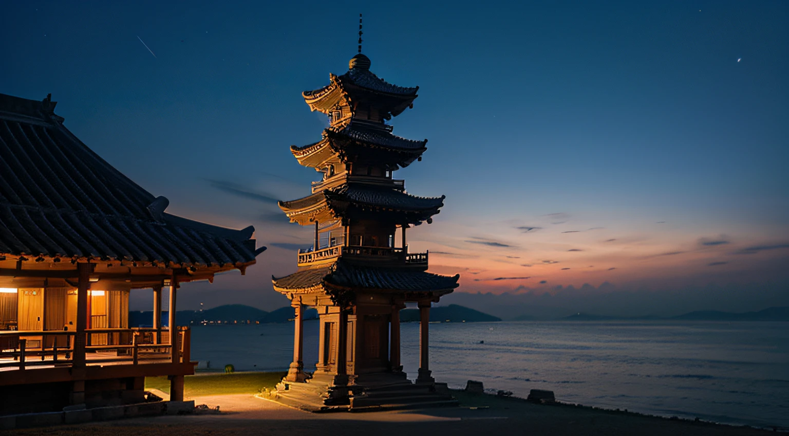 Nice night view，An ancient tower by the sea