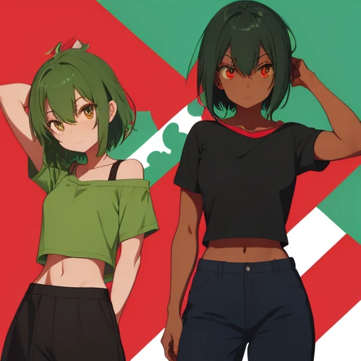 Female characters, Short green hair, Red Eyes, Sharp eyes, dark skin, Open shoulder shirt, Short sleeves that reveal the stomach, short pants.