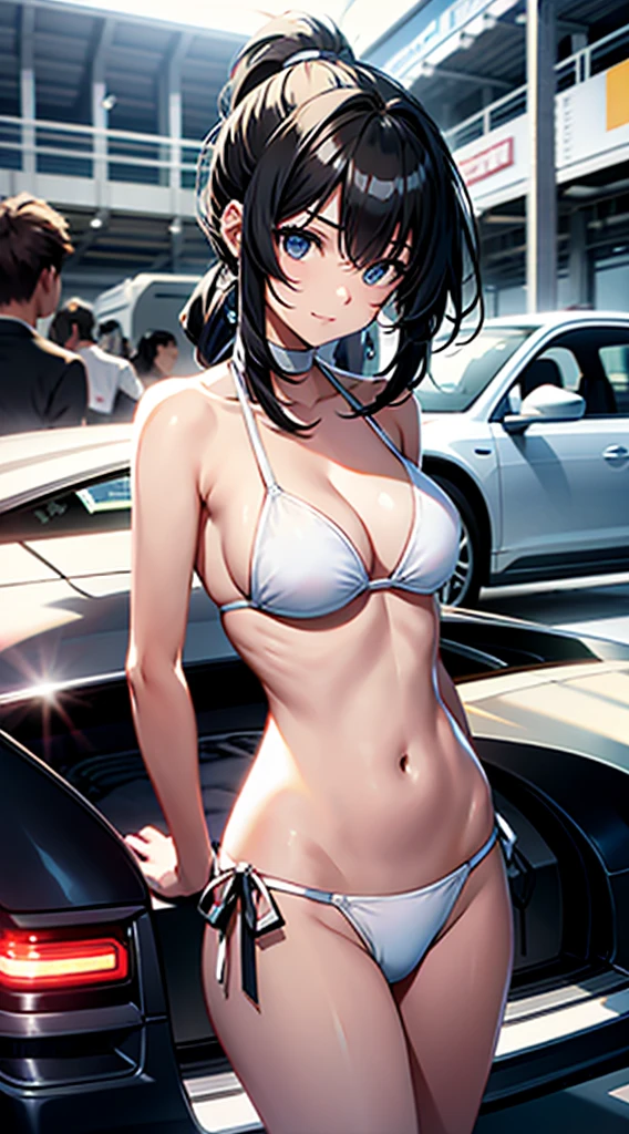 White bikini girl, Long black hair, Ponytail,at the motor show