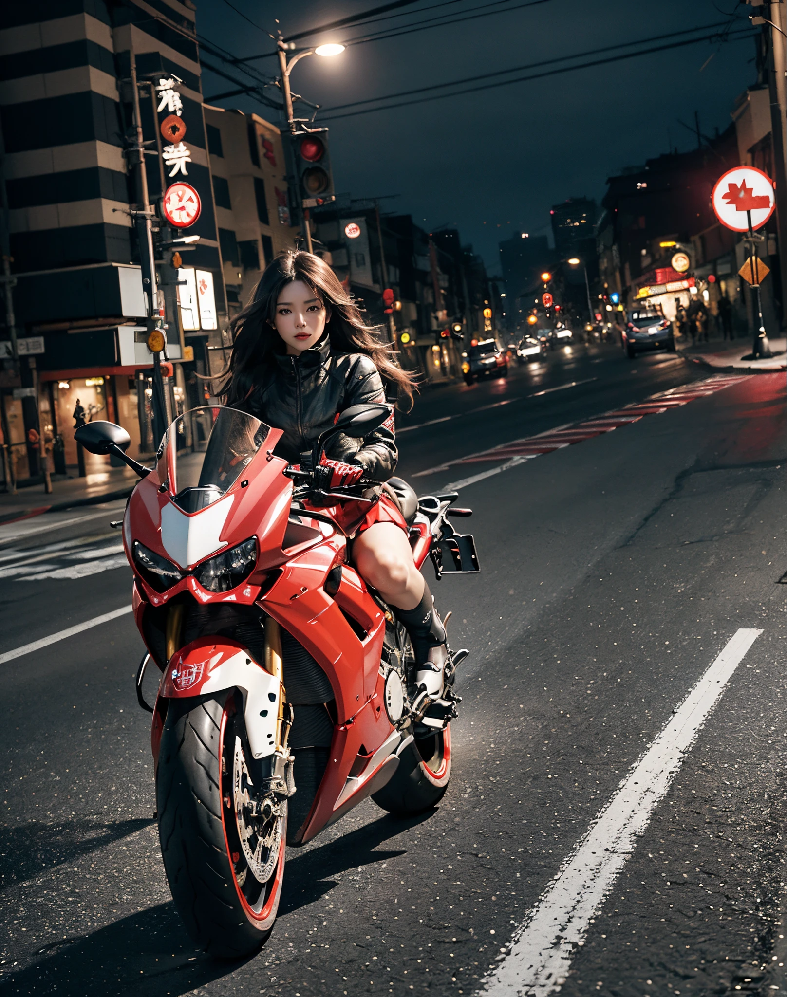 hight resolution、high-level image quality、in 8K、Real live-action、Raw photography、top-quality、masterpiece、masutepiece、(Soft Saturation:1)、(depth of fields:1.2)、(Ray traching:1.2)、headlight、Blue glow、Shot diagonally from above、Sense of speed、((during night)), city night scene、The background is a beautiful neon cyberpunk Tokyo、city night scene、Neon light、blue light from headlights、Dynamic Poses、Dynamic camera angles、heavy wind、Big red motorcycle speeding through the city at night、((Run leaving a trail of light:1.2))、Young woman in red dress sitting on a big red motorcycle, Beautiful face、Beautiful face、(Red dress:1.2)、(Red short skirt:1.3)、white knee highs、(Red boots:1.2、Draw the toes:1.2)、perfect hand、perfect foot、perfect ankles、Perfect toes、Perfect toes、Perfect Heel:1.3、((Grasp the controller with both hands:1.2))、Slouched、put one'Upper body, Lower body:1.2、Sitting on the Ducati Panigale V4,Riding the Ducati Panigale V4, Sci-fi style bikes, Sci-fi style bikes, Ducati Panigale V4 Motorcycle Rider, How to ride the Ducati Panigale V4, (Draw left and right rearview mirrors:1.3)、(headlights shine blue:1.2)、picture of a female biker, motorbike,Motorcycle displacement: Ducati Panigale V4 Details、motion-blur、(white smoke from tires:1.1)、
