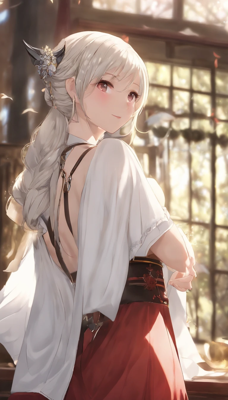 Best quality at best, ultra - detailed, (詳細な目), (详细的脸), 1个Giant Breast Girl, Careful and careful,illustratio, White hair, red eyes, higher detailed, (glowing light eyes), flat grill, The light from the back window is backlighted, (septum:1.4), rayos-Duluth, hight contrast, Colorful,room_The Idolmaster, (pony tails:1.2),(Happy:1.2),looking at viewert,The upper part of the body,(white shirt:1.3),(Small hat with bat wings),(hair pin:1.2)