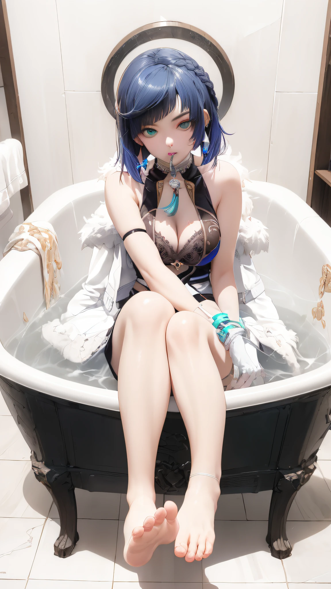 tmasterpiece,with a pure white background,8K art photography, realism concept art, The soft, Natural volume cinematic perfect light, epic, Popular topics on artstationh, a vibrant one, production cinematic character render, super high-quality model, lightand shade contrast,Anime girl sitting cross-legged in the bathtub,bare-legged,Barefoot,Hand detail, five fingers,perfect eyes,eyes are very detailed,with a round face,with her mouth open,Large bra,
imagining \(genshin impact\), Blue hair,Short hair details, Green-eyed,ear nipple ring,Nopan,jewely,neck rings,mismatched gloves, , Cleavage incision,fur trimmed jacket, jacket on shoulders, exposed bare shoulders, Nopan, a skirt, Nipple tassels, There is a mole on the chest, skinny pants,pelvis curtain, single elbow glove,Sleeveless, bangle, trouser,