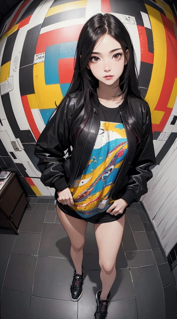 ((8k wallpaper of extremely detailed CG unit, masterpiece, hight resolution, top-quality, masutepiece)), (a very beautiful woman, Hands in pockets:1.4, Punk rock fashion, Wearing a blouson, Wearing shoes), (extra detailed face, Highly detailed black eyes, Contrasting eyes, extra detailed body, Top quality real texture skins), (A dark-haired, length hair, de pele branca), (colorful geometric pattern wall, Colorful walls), (high-angle:1.1, Fisheye:1.25),