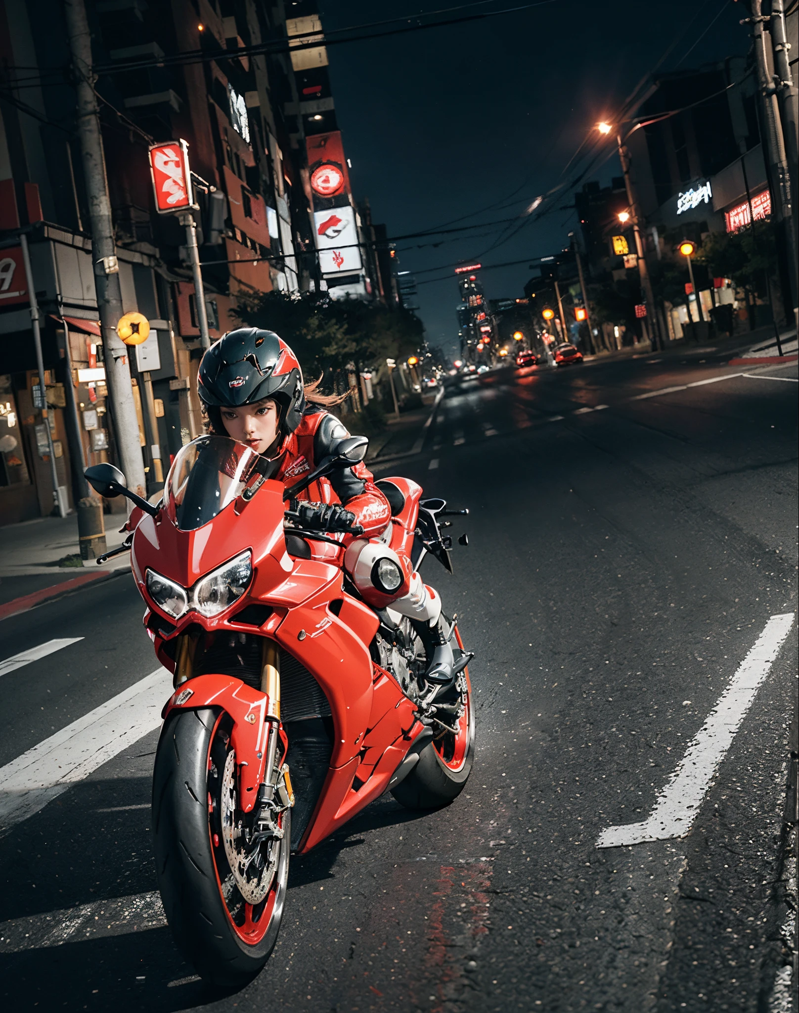 hight resolution、high-level image quality、in 8K、Real live-action、Raw photography、top-quality、masterpiece、masutepiece、(Soft Saturation:1)、(depth of fields:1.2)、(Ray traching:1.2)、headlight、Blue glow、Shot diagonally from above、Sense of speed、((during night)), city night scene、The background is a beautiful neon cyberpunk Tokyo、city night scene、Neon light、blue light from headlights、Dynamic Poses、Dynamic camera angles、heavy wind、Big red motorcycle speeding through the city at night、((Run leaving a trail of light:1.2))、Young woman in red dress sitting on a big red motorcycle, Beautiful face、Beautiful face、(Red dress:1.2)、(Red short skirt:1.3)、white knee highs、(Red boots:1.2、Draw the toes:1.2)、perfect hand、perfect foot、perfect ankles、Perfect toes、Perfect toes、Perfect Heel:1.3、((Grasp the controller with both hands:1.2))、Slouched、put one'Upper body, Lower body:1.2、Sitting on the Ducati Panigale V4,Riding the Ducati Panigale V4, Sci-fi style bikes, Sci-fi style bikes, Ducati Panigale V4 Motorcycle Rider, How to ride the Ducati Panigale V4, (Draw left and right rearview mirrors:1.3)、(headlights shine blue:1.2)、picture of a female biker, motorbike,Motorcycle displacement: Ducati Panigale V4 Details、motion-blur、(white smoke from tires:1.1)、