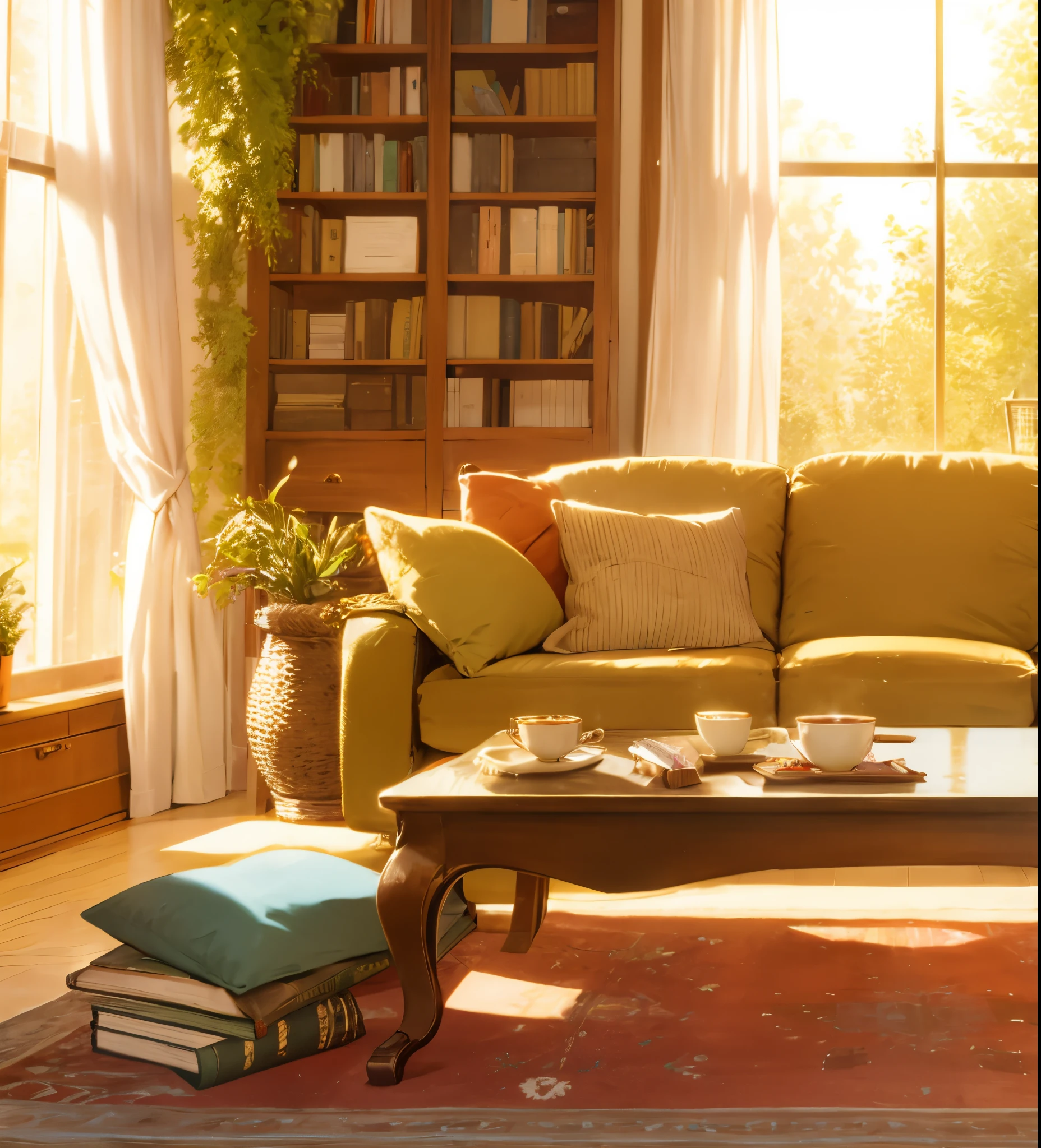 cozy living room，window，sofe，book case，Tea table，greenery，carpets，rays of sunshine