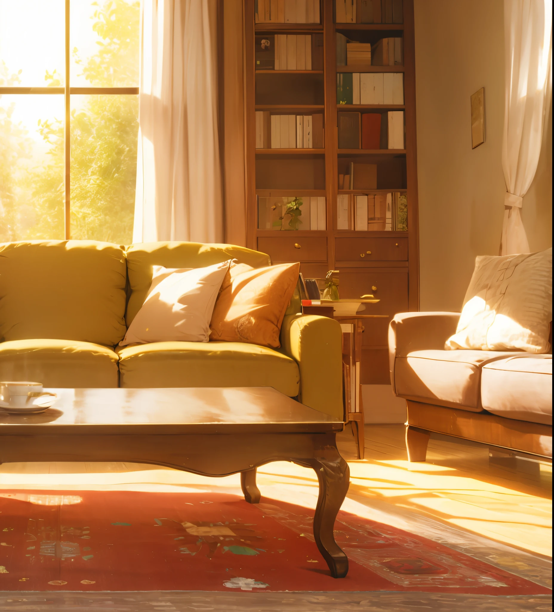 cozy living room，window，sofe，book case，Tea table，greenery，carpets，rays of sunshine