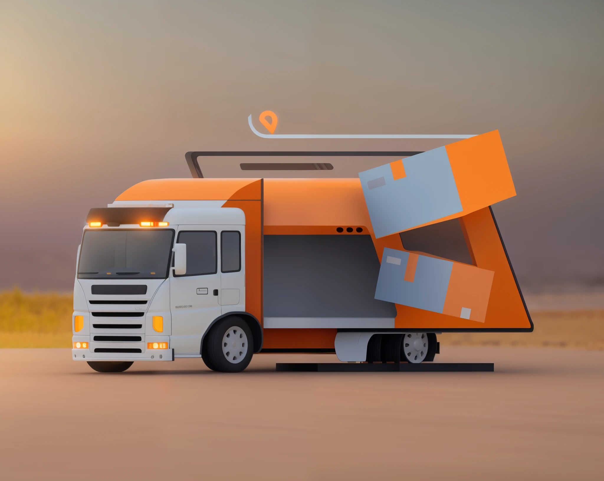 Convert this image into a 3D material,Colors remain the same as the picture,Orange truck front,The carriage is shaped like a computer monitor,The carriage is blue,The pattern of the carriage is a web page,Above the carriage is an address search bar,Something flew out of the car,The item is packaged in yellow,Overall 45° viewing angle of the car,transparent background,3D style