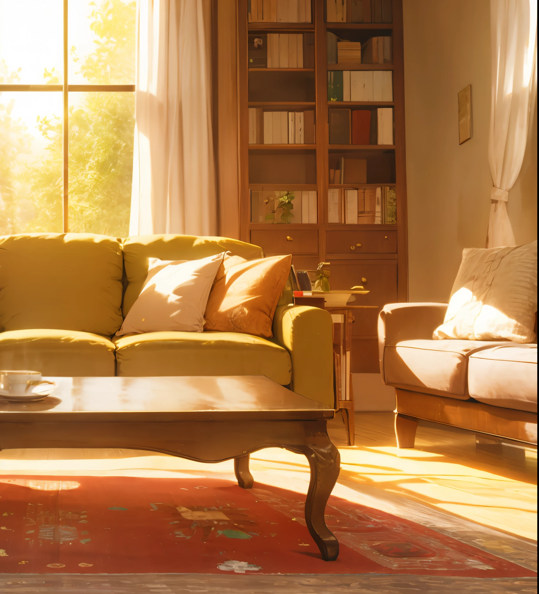cozy living room，window，sofe，book case，Tea table，greenery，carpets，rays of sunshine
