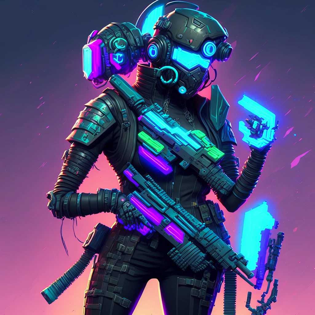 a close up of a person with a gun and a helmet, fortnite art style, epic art style, neon operator, bright cyberpunk glow, epic digital art illustration, cyberpunk art style, futuristic art style, vibrant fan art, neon glow concept art, cyberpunk artstyle, wraith from apex legends, in style of apex legends, colorful concept art, clean artstyle