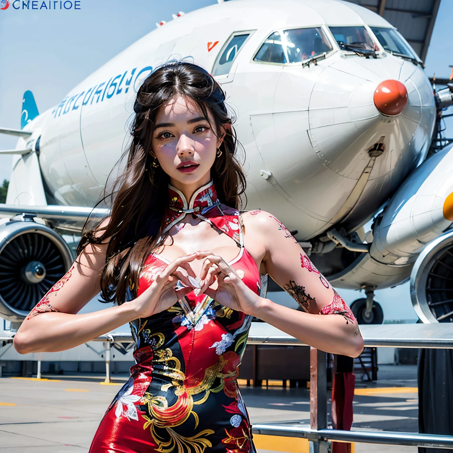 araffe woman in a dress making a heart with her hands, beautiful digital artwork, gorgeous chinese model, cute woman, elegant pose, cute pilot girl, airplane, attractive pose, sakimichan, asian girl, beautiful pose, beautiful asian girl, beautiful angle, dilraba dilmurat, beautiful artwork, cg art, airport, an asian woman