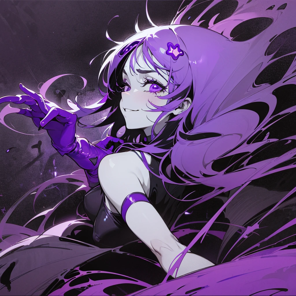 abstract art, psychedelia theme, close-up shot, one idol girl,holding microphone she dances, shocking pink gloves, ill-omened expression of her face, unpleasant smile, flowers blooming crazy, bloody joy of the stars, (deep purple and black tones:1.8), weird metaphysics.