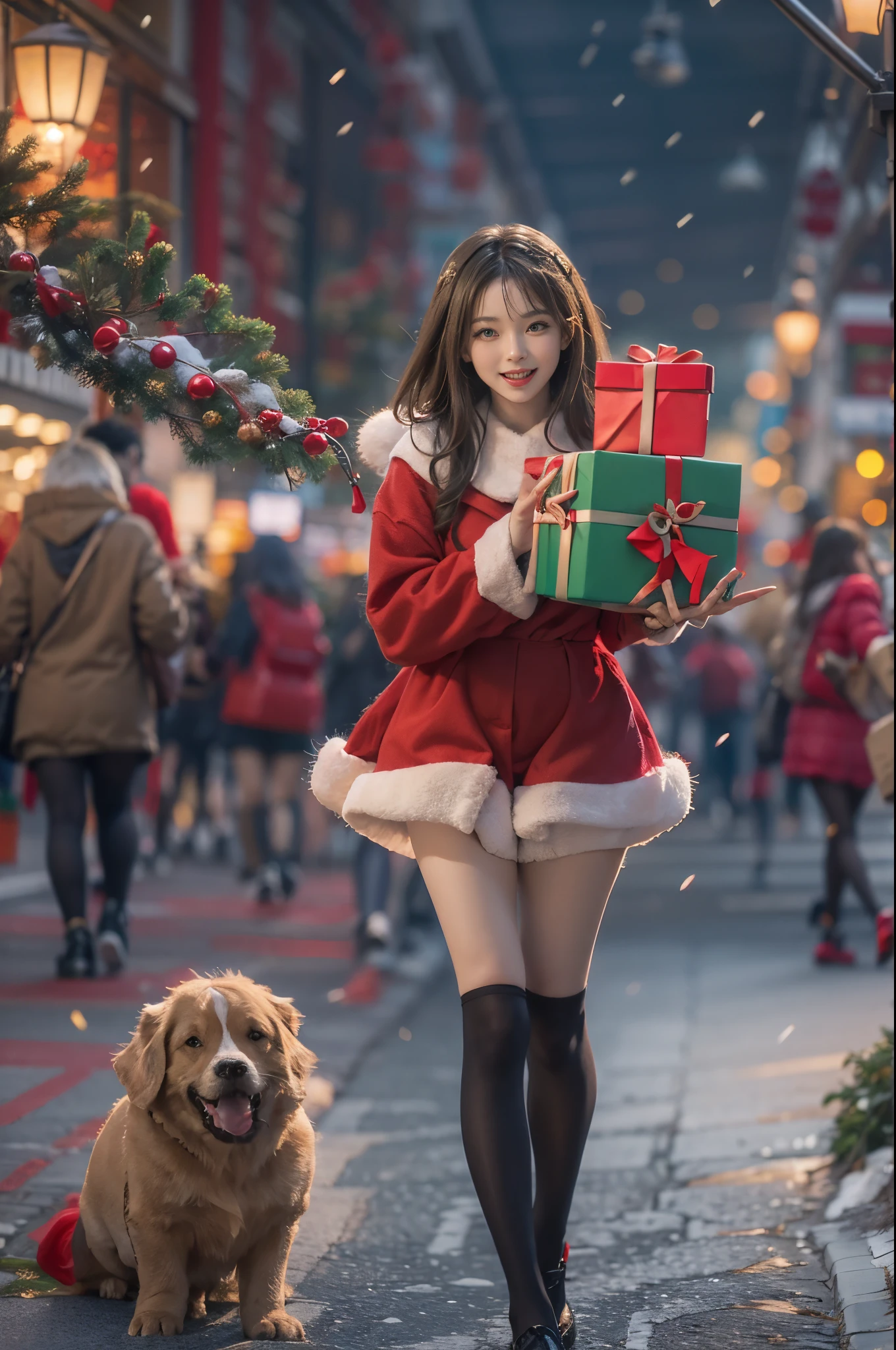 In the gorgeous cityscape on Christmas night, Imagine a brunette woman around 28 years old....., My hair is unkempt、She is wearing a Santa-style miniskirt and black tights.。.。.。.。.. Her bright smile conveys the feeling of fun as she hands out presents to viewers...... The color palette should primarily feature red and green, Express your vibrant holiday spirit.