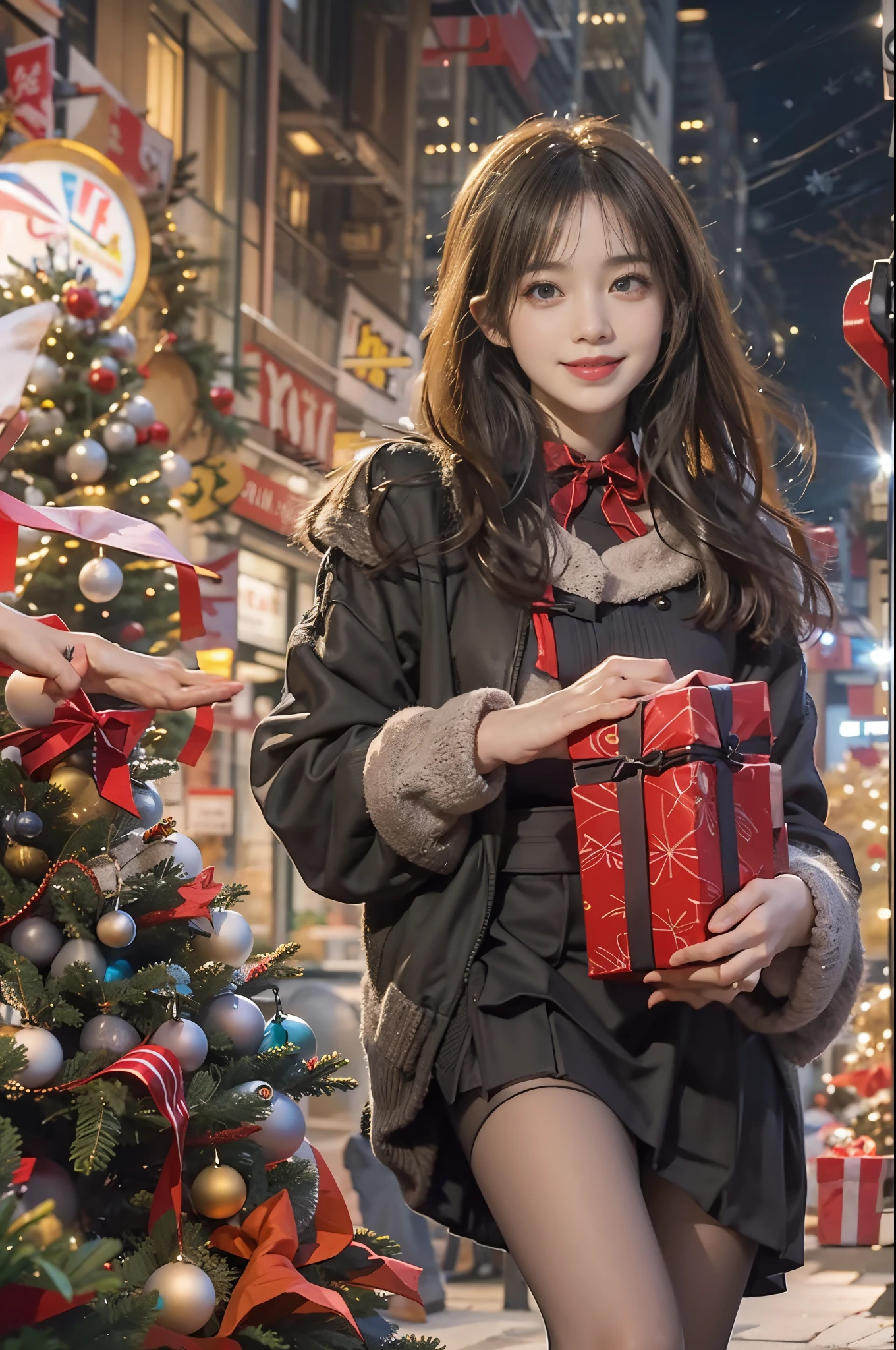 In the gorgeous cityscape on Christmas night, Imagine a brunette woman around 28 years old........, My hair is unkempt、She is wearing a Santa-style miniskirt and black tights.。.。.。.。.。.。.。.. Her bright smile conveys the joy of handing out presents to viewers......... The color palette should primarily feature red and green, Express your vibrant holiday spirit.