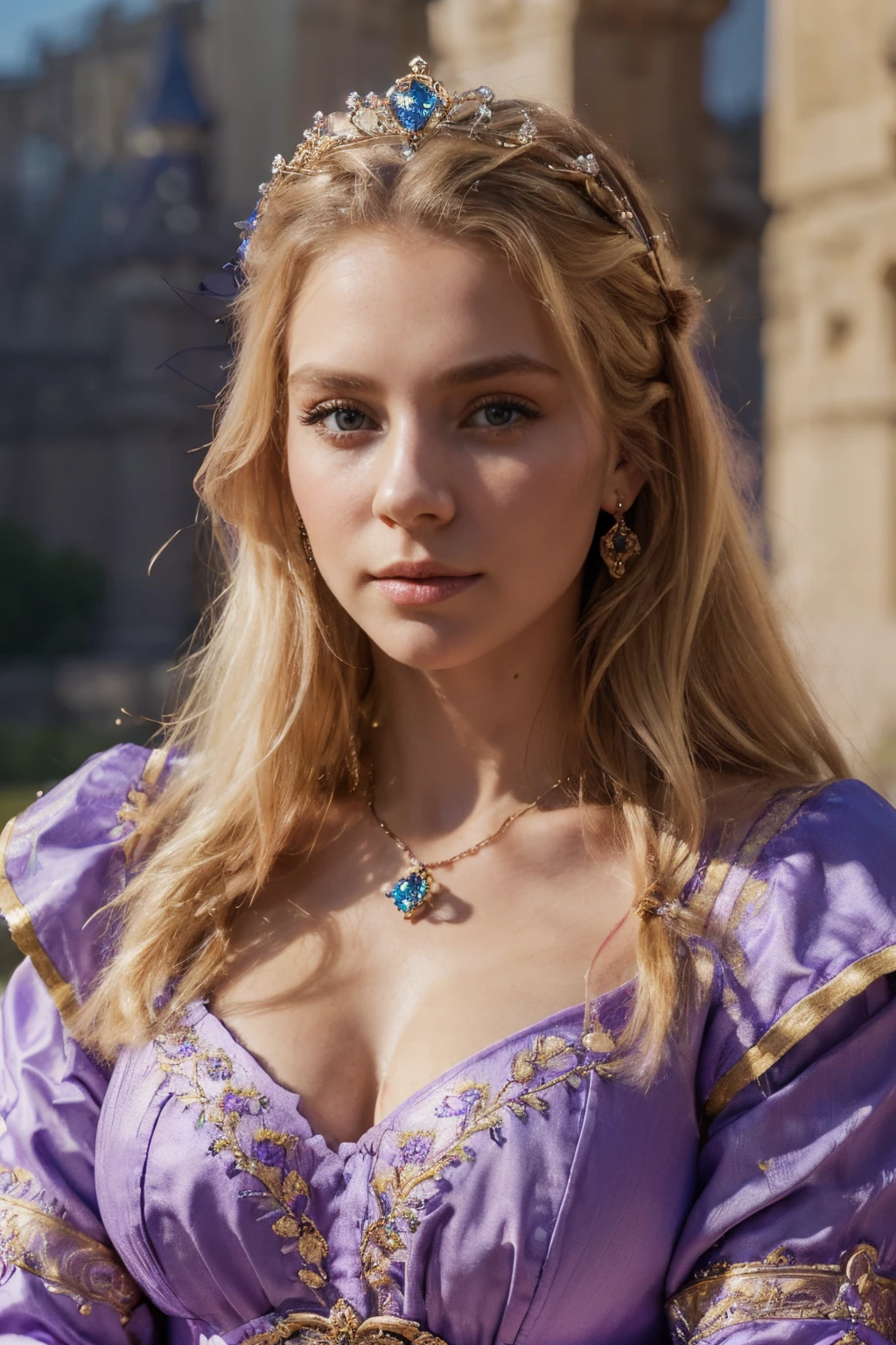 (best quality,8k,ultra hd,realistic,beautiful face:women:1.1,wearing purple royal clothes,wearing jewellery,castle background , detailed face , beautiful face,wearing crown,vivid colours,natural beauty,blonde hair,light makeup,Russian queen,small chests)