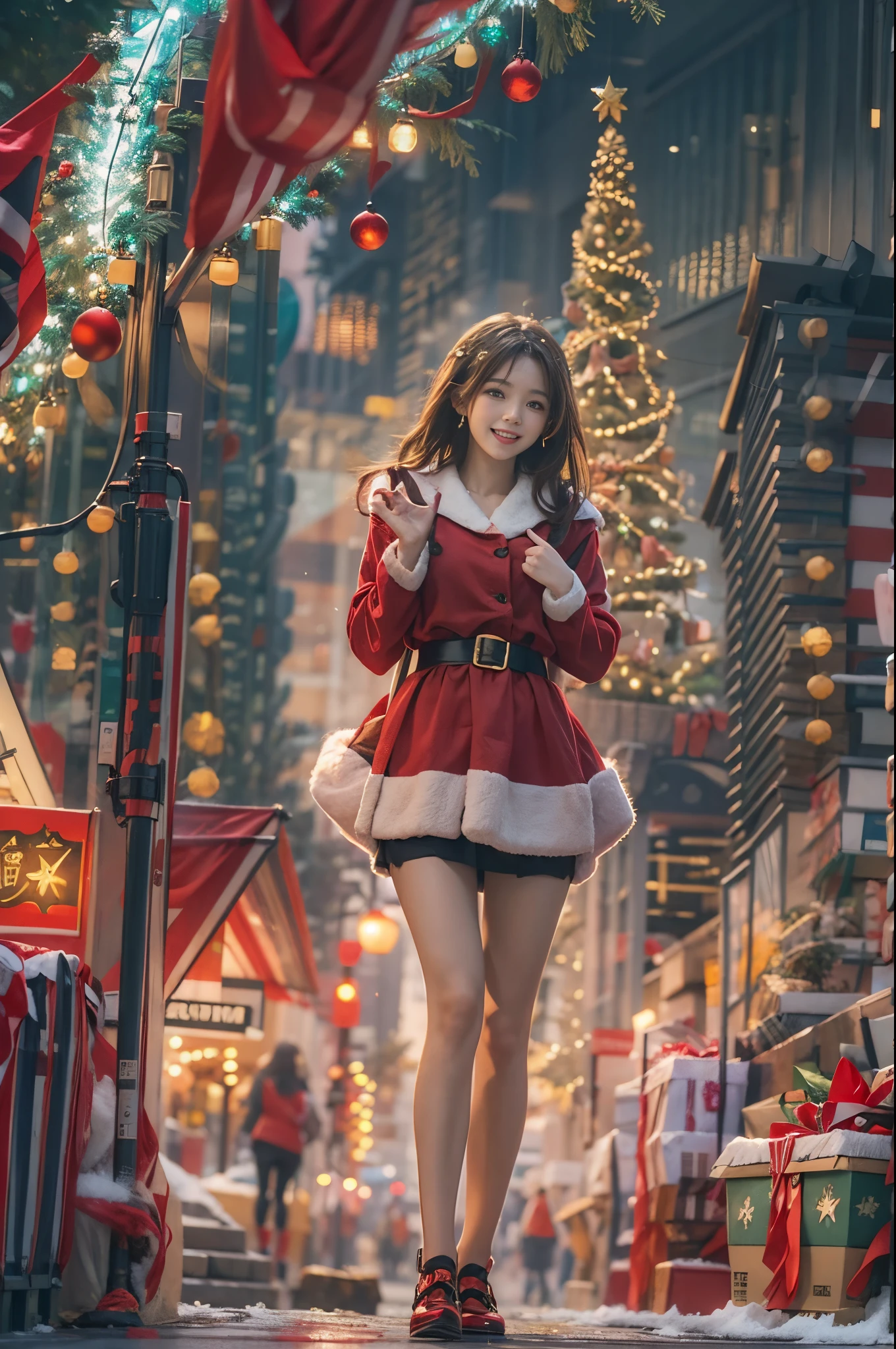 In the gorgeous cityscape on Christmas night, Imagine a brunette woman around 28 years old........, My hair is unkempt、She is wearing a Santa-style miniskirt and black tights.。.。.。.。.。.。.。.. Her bright smile conveys the joy of handing out presents to viewers......... The color palette should primarily feature red and green, Express your vibrant holiday spirit.