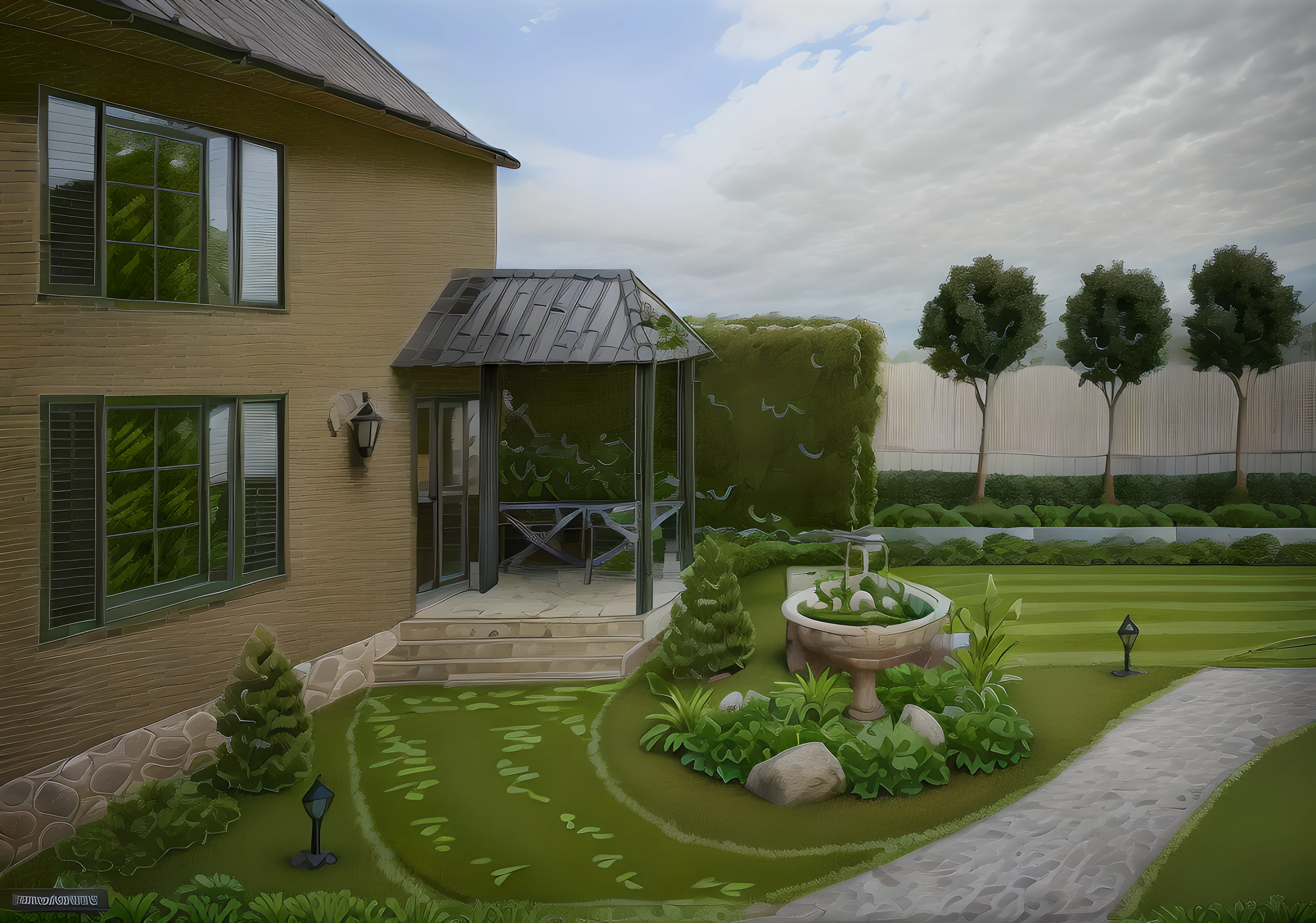 (( best quality)) (( ultral realistic)) photo of garden, close of small house , stone on grass, grass way