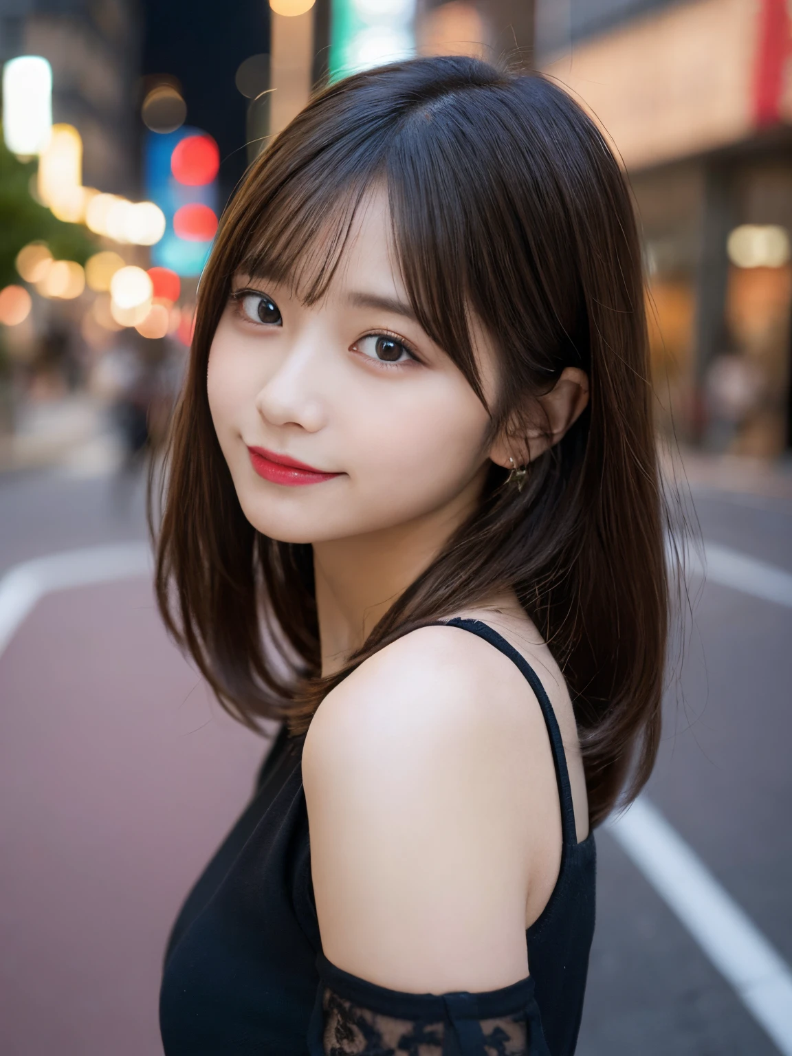 masutepiece, Best Quality, Illustration, Ultra-detailed, finely detail, hight resolution, 8K Wallpaper, Perfect dynamic composition, Beautiful detailed eyes, she is wearing a black dress,Medium Hair,Natural Color Lip, Bold sexy poses,Smile,Harajuku、20 years girl、Cute、Sexy shot looking at camera、C Cup、Brown hair、caste-like face、Blurred night downtown background