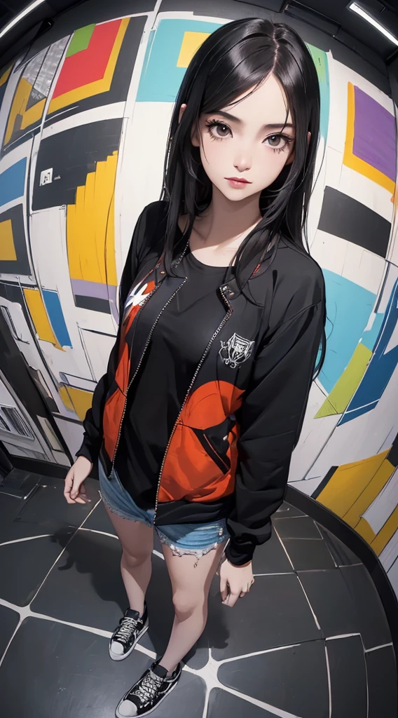 ((8k wallpaper of extremely detailed CG unit, masterpiece, hight resolution, top-quality, masutepiece)), (a very beautiful woman, Hands in pockets:1.4, Punk rock fashion, Wearing a blouson, Wearing hot pants, Wearing shoes), (extra detailed face, Highly detailed black eyes, Contrasting eyes, extra detailed body, Top quality real texture skins), (A dark-haired, length hair, de pele branca), (colorful geometric pattern wall, Colorful walls), (high-angle:1.1, Fisheye:1.25), hyper realisitic, digitial painting,