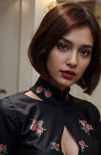 beautiful gorgeous glorious slim bollywood actress, wearing black floral midi dress, high hill boot, pretty face, beautiful glorious face, very fine face details, bright eyes, red lips,burgundy hair, bob cut curved, 4K details, ultra high resolution, skin fine details,