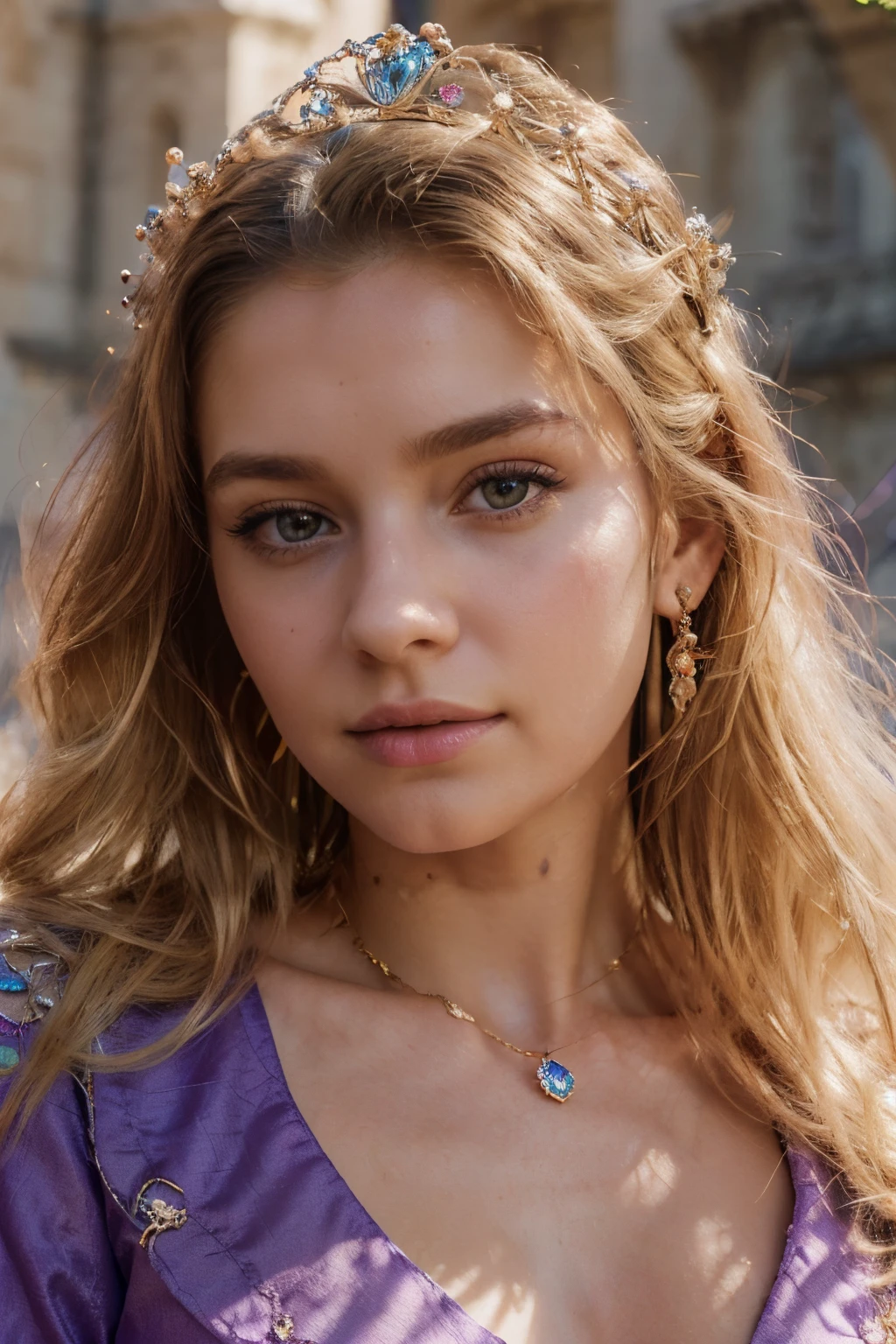 (best quality,8k,ultra hd,realistic,beautiful face:women:1.1,wearing purple royal clothes,wearing jewellery,castle background , detailed face , beautiful face,wearing crown,vivid colours,natural beauty,blonde hair,light makeup, queen,light sunlight on her hairs, shadow, small chests)