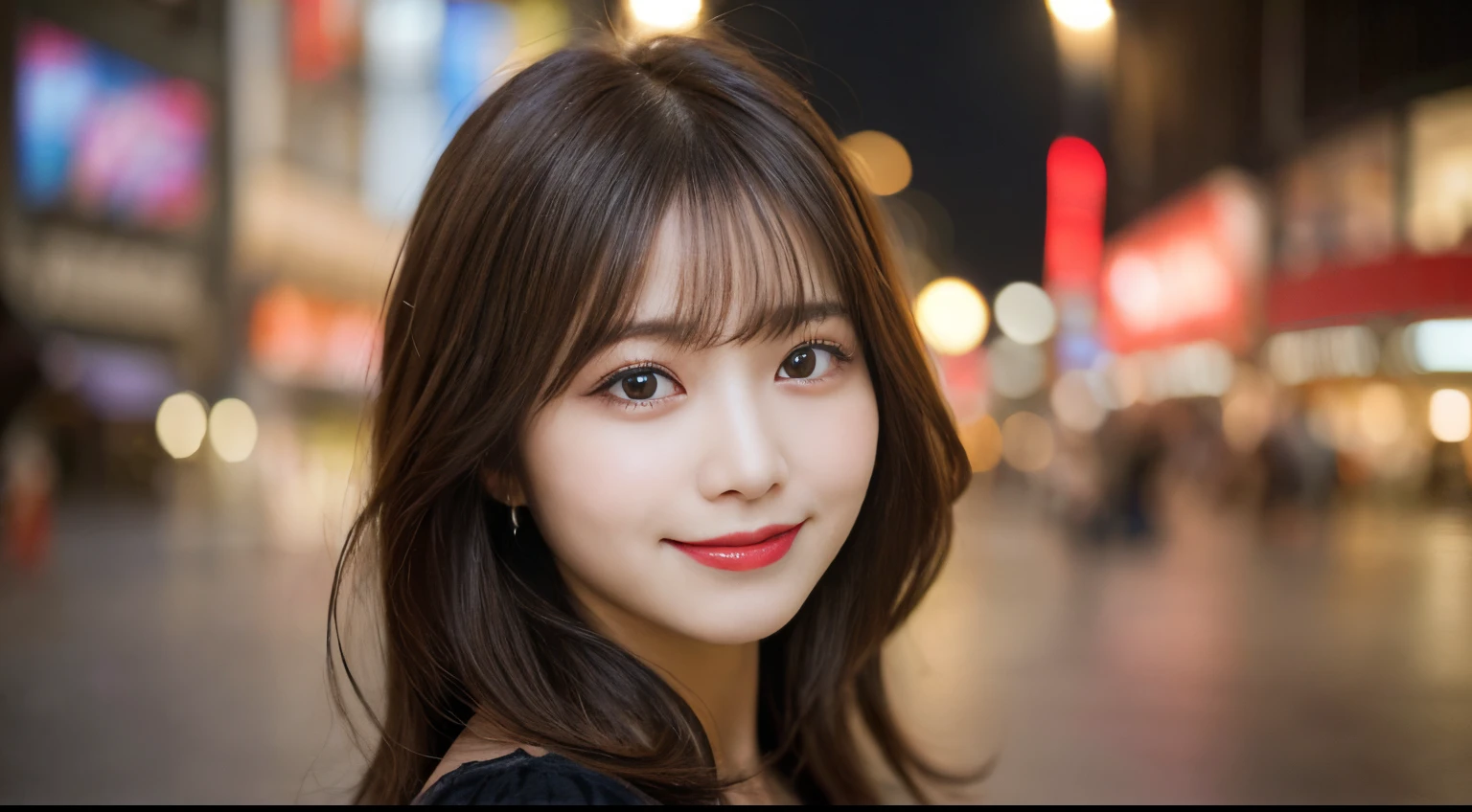 masutepiece, Best Quality, Illustration, Ultra-detailed, finely detail, hight resolution, 8K Wallpaper, Perfect dynamic composition, Beautiful detailed eyes, she is wearing a black dress,Medium Hair,Natural Color Lip, Bold sexy poses,Smile,Harajuku、20 years girl、Cute、Sexy shot looking at camera、C Cup、Brown hair、caste-like face、Blurred night downtown background