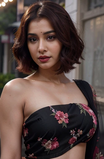 beautiful gorgeous glorious slim bollywood actress, wearing black floral saree, high hill boot, pretty face, beautiful glorious face, very fine face details, bright eyes, red lips, thin nose, burgundy hair, bob cut curved, 4K details, ultra high resolution, skin fine details,