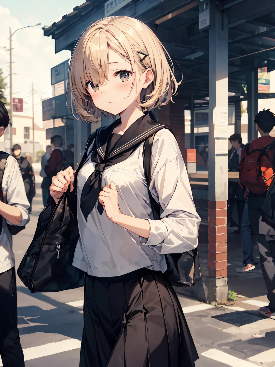 top-quality, anime moe art style,Best Anime 8K Konachan Wallpapers,Pixiv Contest Winner,Perfect Anatomy, (Draw a girl sleepily walking to school. ),BREAK, 1girl in, (Solo,Lori,,15yo ent:1.3),High school students, Short hair, Forehead, (Hair over one eye:1.4),Full limbs, complete fingers,medium breasts, groin, Small eyes,Precise black eyes, hair clips, Sailor Uniform, Skirt,Summer route to school. BREAK,Ultra-detailed,High resolution,super detailed skin, Professional Lighting,8k eye details, (Cute illustration:1.2),