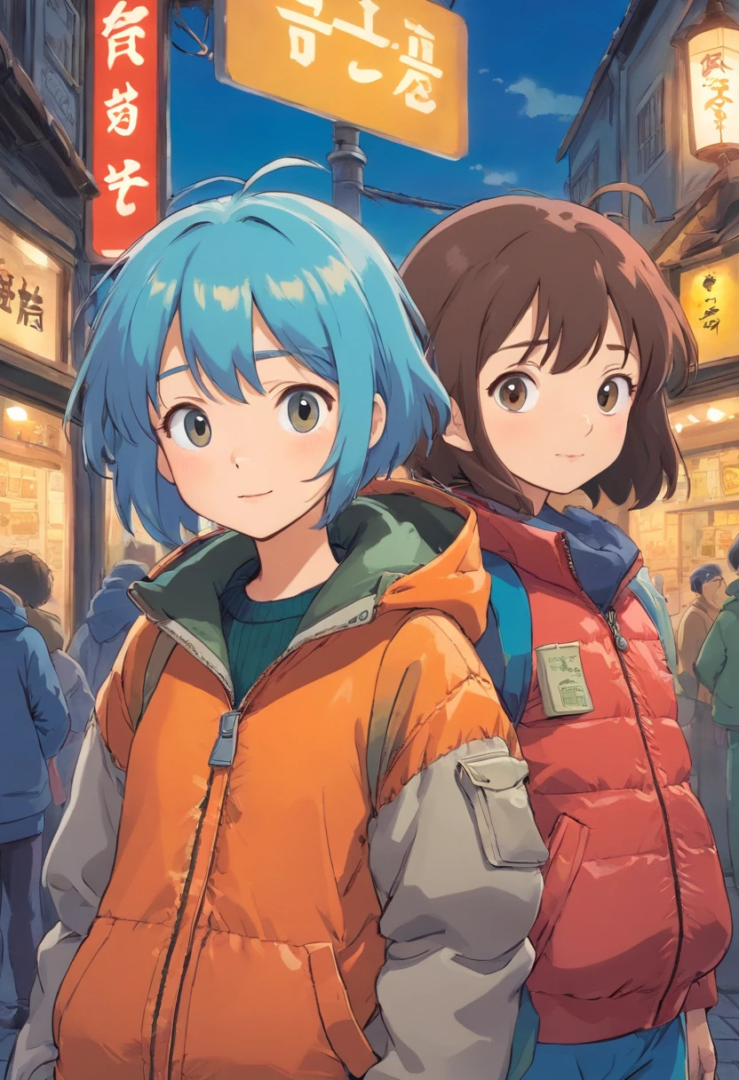 A girl wearing a down jacket with her hands in her pockets and a girl wearing a down jacket holding a card