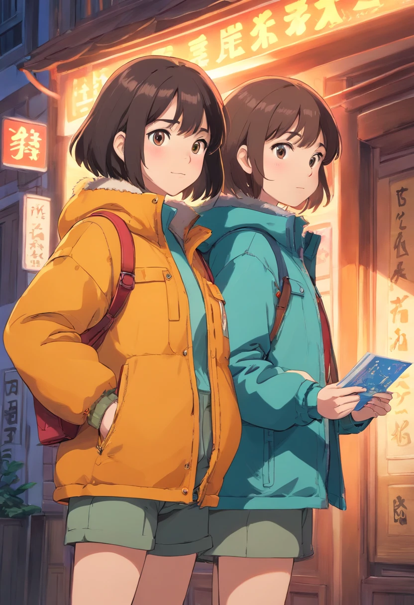 A girl wearing a down jacket with her hands in her pockets and a girl wearing a down jacket holding a card