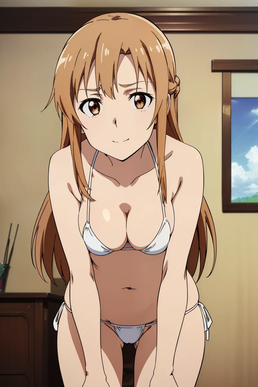 (Best Quality, masutepiece, High resolution, anime screen cap, anime colours, offcial art, poster for), (long, Straight Light Brown Hair:1.5), Yuuki Asuna, A smile, (oversized saggy breasts:2.0, cleavage:1.5), (Thin fabric, White Micro Bikini:1.8, no-bra:1.5), Slimed, Lower your arms, (Leaning forward:1.5, Front composition:1.5), Looking At Other, Upper body, Bedrooms, (Perfect Anatomy, perfect detailed body, Eyes and hair in beautiful detail, Beautiful breasts and skin), Close-up on the chest