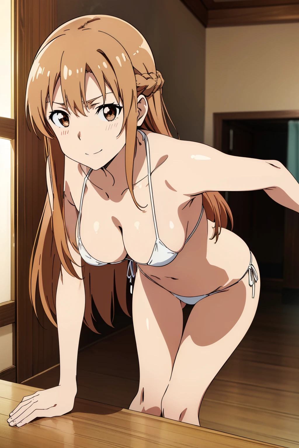 (Best Quality, masutepiece, High resolution, anime screen cap, anime colours, offcial art, poster for), (long, Straight Light Brown Hair:1.5), Yuuki Asuna, A smile, (oversized saggy breasts:2.0, cleavage), (Thin fabric, White Micro Bikini:1.8, no-bra:1.5), Slimed, Lower your arms, (Leaning forward:1.5, Front composition:1.5), Looking At Other, Upper body, Bedrooms, (Perfect Anatomy, perfect detailed body, Eyes and hair in beautiful detail, Beautiful breasts and skin), Close-up on the chest
