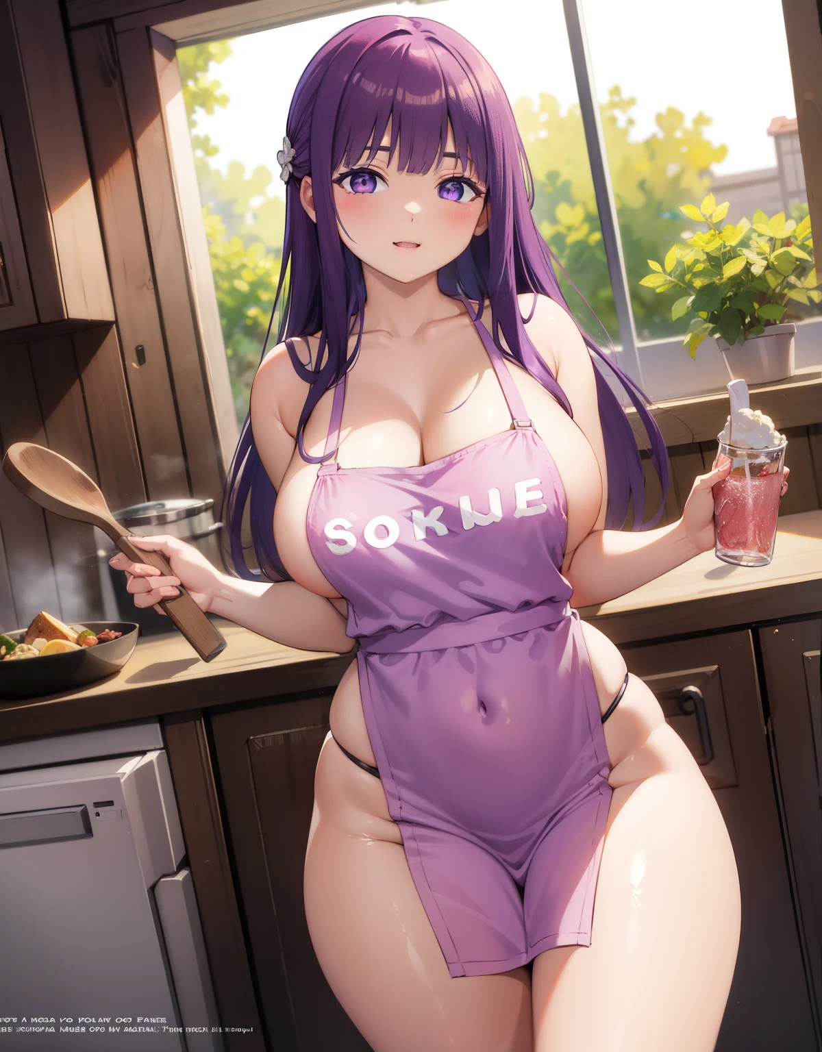 (Best Quality, Masterpiece),sexy mommy, Front cover of a women's cooking magazine, , naked, erotic, 18+, nsfw, 1girl, 30 years old, stunning, cute, heartwarming smile, hourglass figure, super mini bikini, pinny apron, beautiful food, text, diagrams, advertisements, magazine title, long straight purple hair, purple eyes,