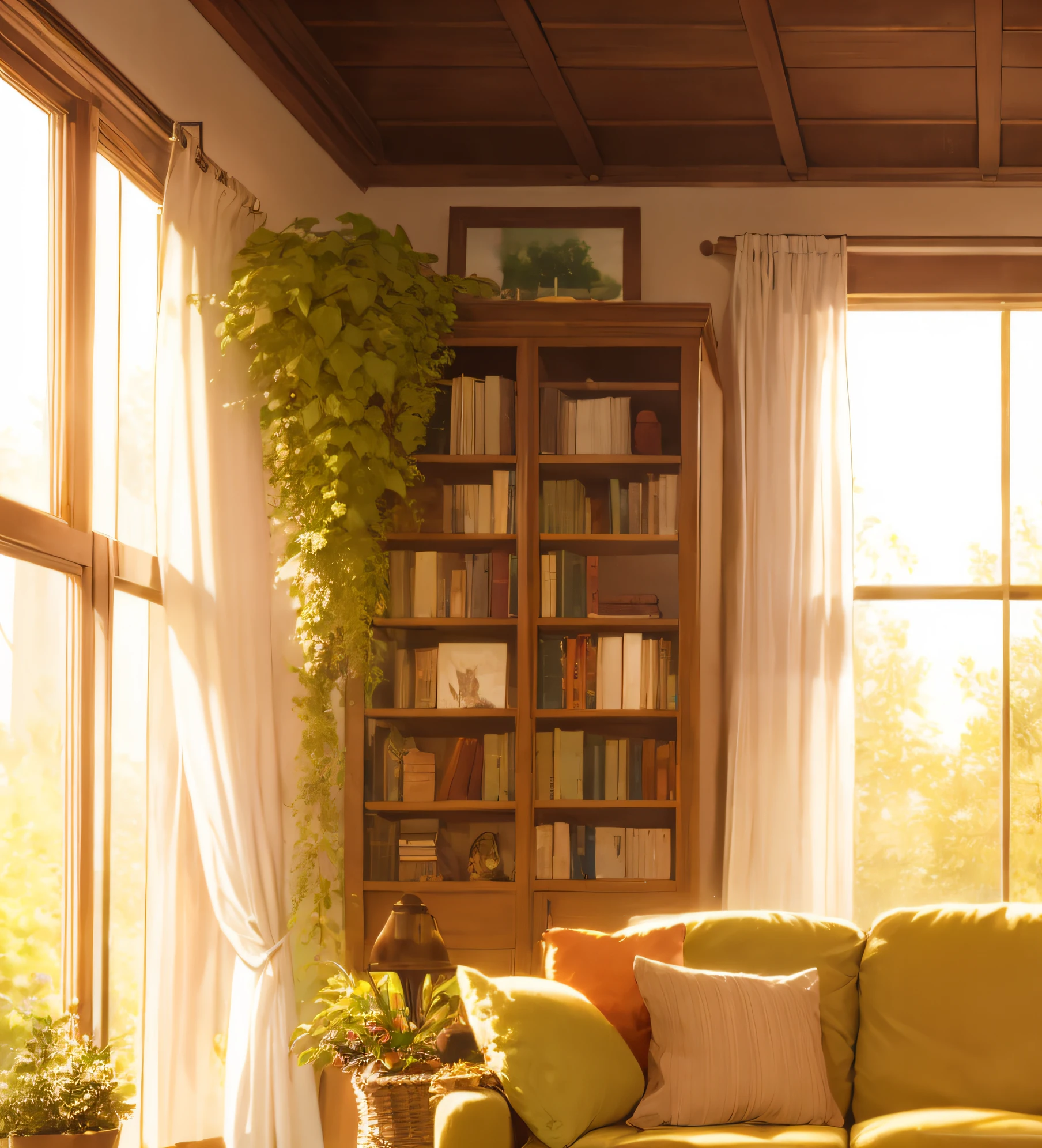 cozy living room，janelas，sofe，book case，Tea table，greenery，carpets，rays of sunshine