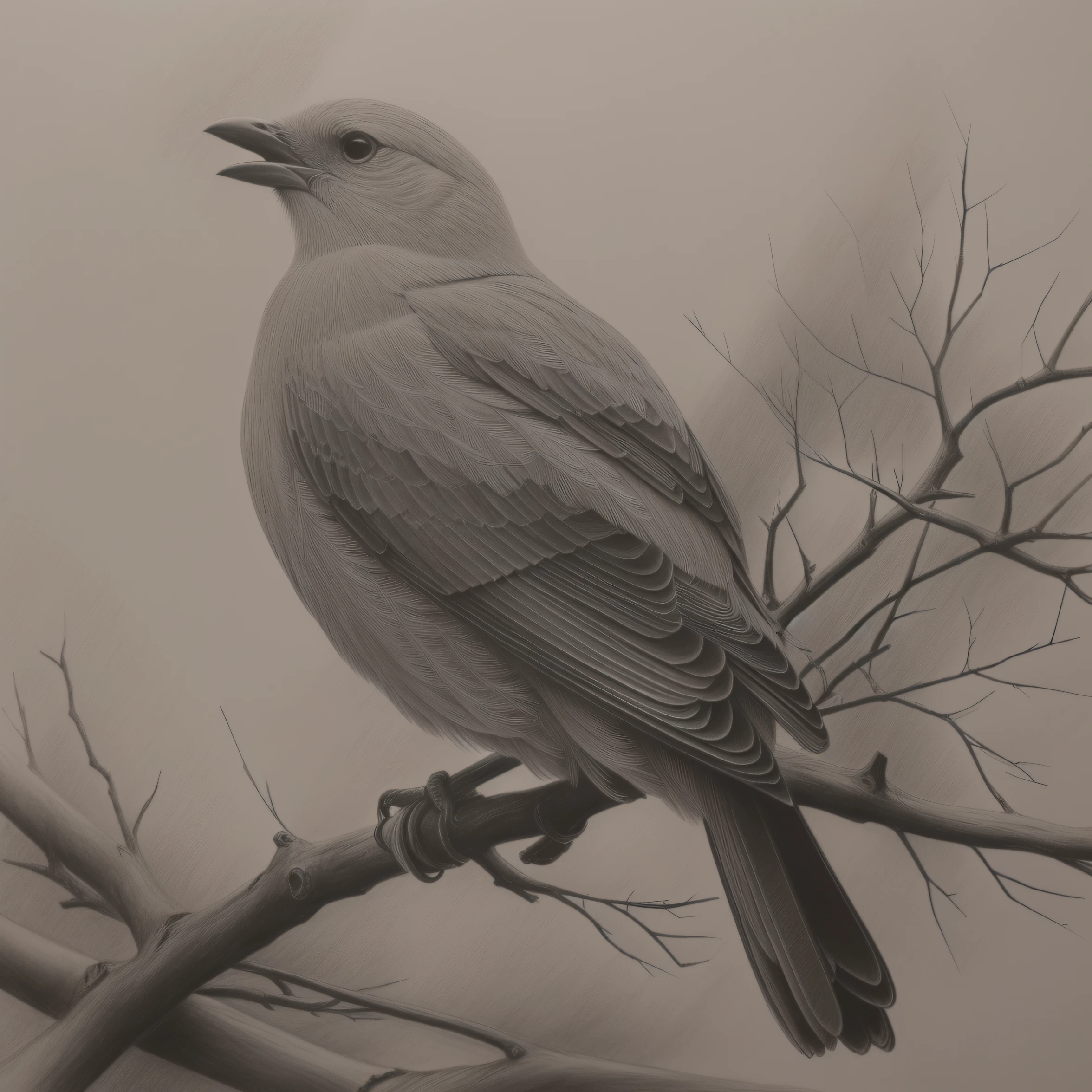 A bird perched on a branch, graphite on paper, graphite sketch, pencil on paper, monochrome drawing, Complex sketches, pencil art on paper, Highly detailed 4k drawings, Inspired by Robert Bechtel, Black and white graphite drawing, high detail illustration, highly complex artwork, fine lines and graphite, detailed pencil drawing, Detailed charcoal drawing.