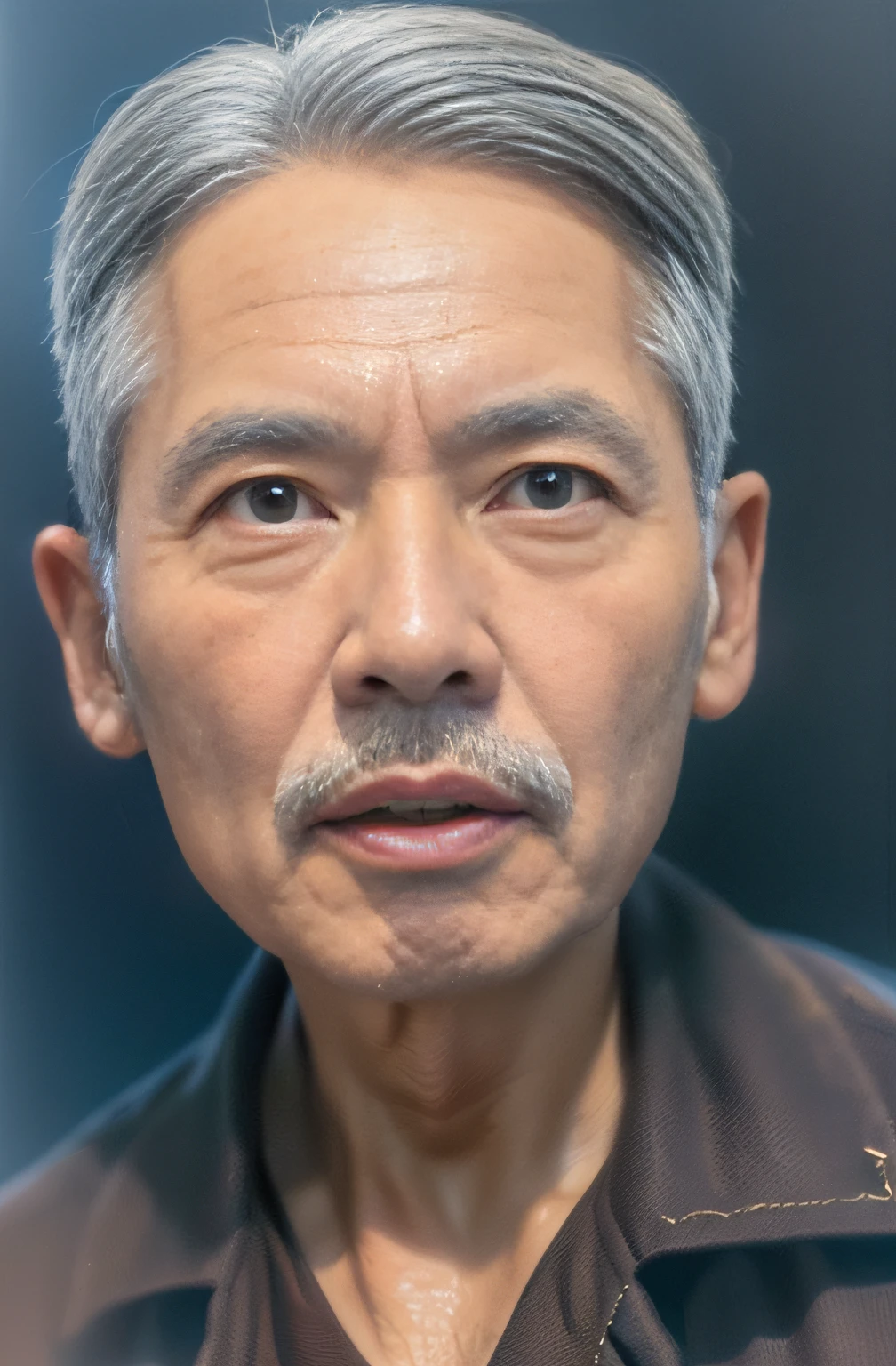 ((masterpiece), (best quality), (raw photo), (photorealistic:1.4), Highly realistic photo, Portrait of a 70 year old Vietnamese old man, ((brown shirt)), ((gray hair)), The light from above shines down, (dark blue background), photo taken in 1975 by Fujifilm XT3