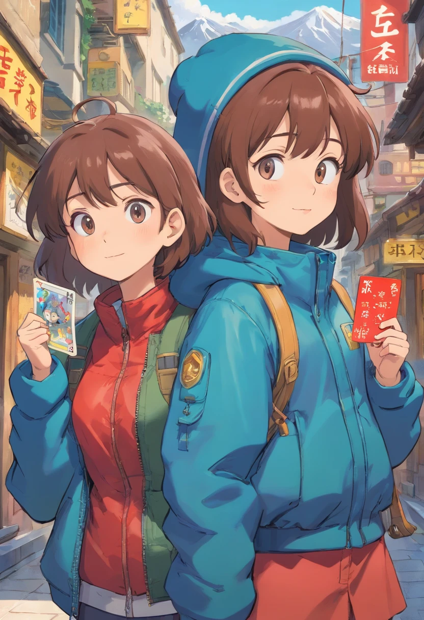 A girl is wearing a down jacket with her hands in her pockets. Another girl is wearing a down jacket and is holding a card all over her body.