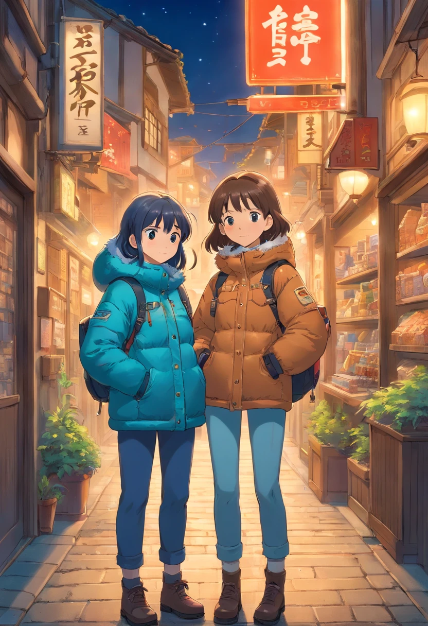 A girl is wearing a down jacket with her hands in her pockets. Another girl is wearing a down jacket and is holding a card all over her body.