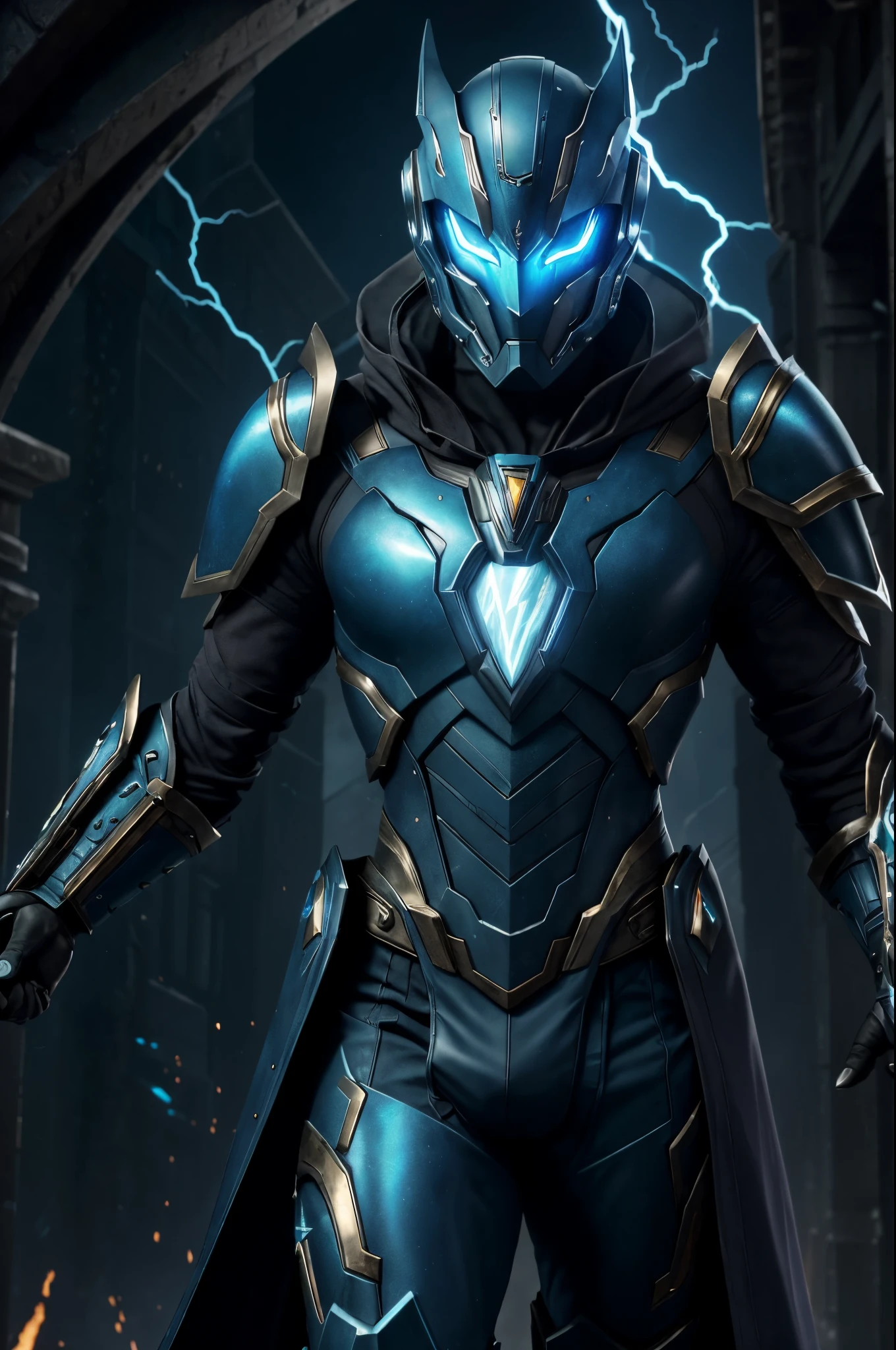 Character Name: Arvot Thex Genre/Theme: Steampunk Fantasy Appearance: Male Vedalken with striking blue skin, emanating an otherworldly presence. Wears ornate, technologically advanced heavy armor with sleek and intricate design details. The armor should have a fusion of both futuristic and magical elements, reflecting the science fantasy genre. The helmet is a key feature, with eye coverings that grant Darkvision; consider incorporating subtle, glowing patterns or effects. Personality Traits: Brilliant and analytical, showcasing intelligence through a thoughtful expression. Shrewd and strategic, with a determined and focused demeanor. Emphasis on the character's penchant for Lightning-based attacks, perhaps featuring lightning effects around the armor or in the character's hands. Pose/Action: Engaged in a dynamic pose, potentially mid-Lightning attack or casting a spell. Arms, hands, or the armor itself can emit crackling energy to emphasize the Lightning theme. Consider a pose that communicates confidence and mastery over both technology and magic. Setting/Background: A backdrop that blends futuristic and fantastical elements, such as a cityscape with floating platforms or a portal to another realm. Optional: Include some technological or magical devices that enhance the overall atmosphere. Color Palette: Predominantly cool tones with a focus on blues and metallic hues with small subtle gold accents. Incorporate subtle but vibrant accents of lightning or magical energy. Mood/Theme: Convey a sense of awe and power through the character's presence. Balance the advanced technology with the magical essence, creating a seamless integration. BLUE SKIN. BLUE TONE OF FLESH.