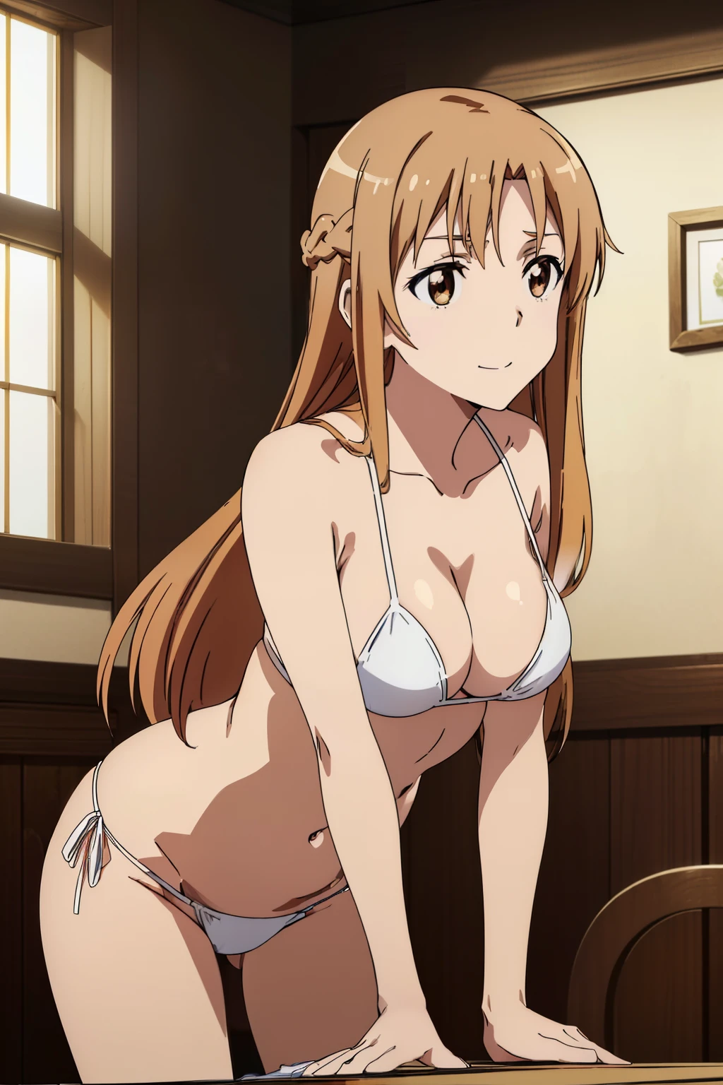 (Best Quality, masutepiece, High resolution, anime screen cap, anime colours, offcial art, poster for), (long, Straight Light Brown Hair:1.5), Yuuki Asuna, A smile, (oversized saggy breasts:2.0, cleavage:1.5), (Thin fabric, White Micro Bikini:1.8, no-bra:1.5), Slimed, Lower your arms, (Leaning forward:1.5, Front composition:1.5), Looking At Other, Bedrooms, (Perfect Anatomy, perfect detailed body, Eyes and hair in beautiful detail, Beautiful breasts and skin), Close-up on the chest