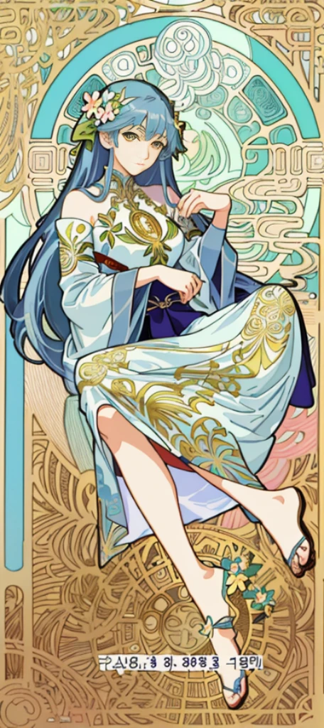 a painting of a woman sitting on a chair with flowers, anime art nouveau, alphonse mucha and rossdraws, alphonse mucha style, korean art nouveau anime, flat shading mucha, in style of alphonse mucha, demura and alphonse mucha, anime art nouveau cosmic display, inspired by Alfonse Mucha, mucha style, flat cel shading mucha